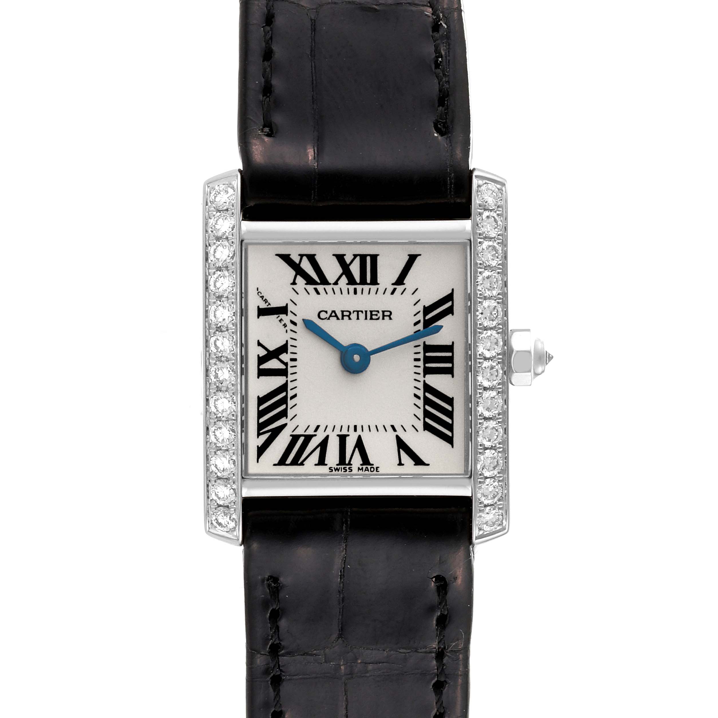 This is a front view of a Cartier Tank Francaise WE100251 Women's White Gold Silver Dial WE100251 Women's White Gold Silver Dial watch, showcasing its face, leather strap, and diamond-set bezel.