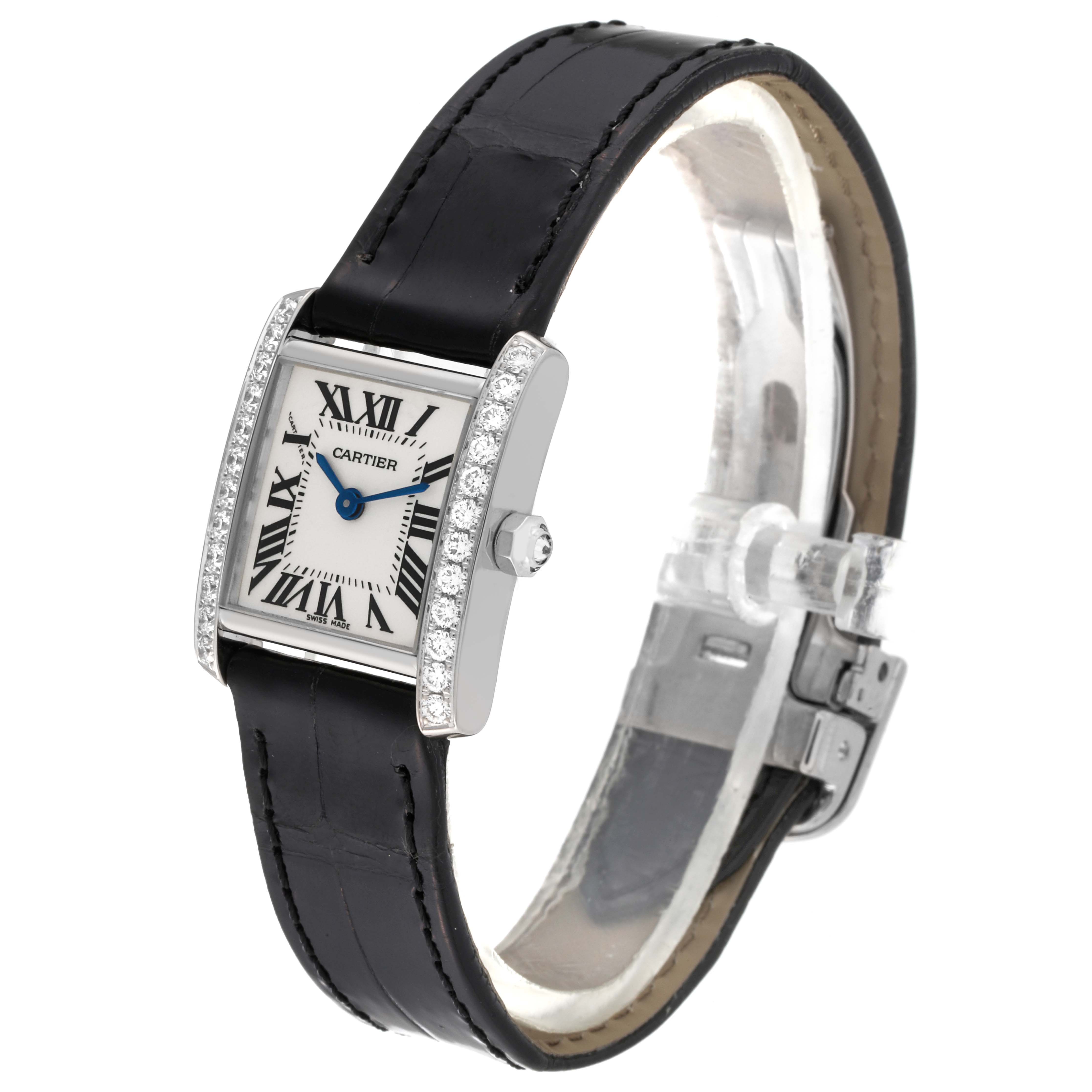 The image shows a Cartier Tank Française watch angled to display the face, leather strap, and side view of the case.