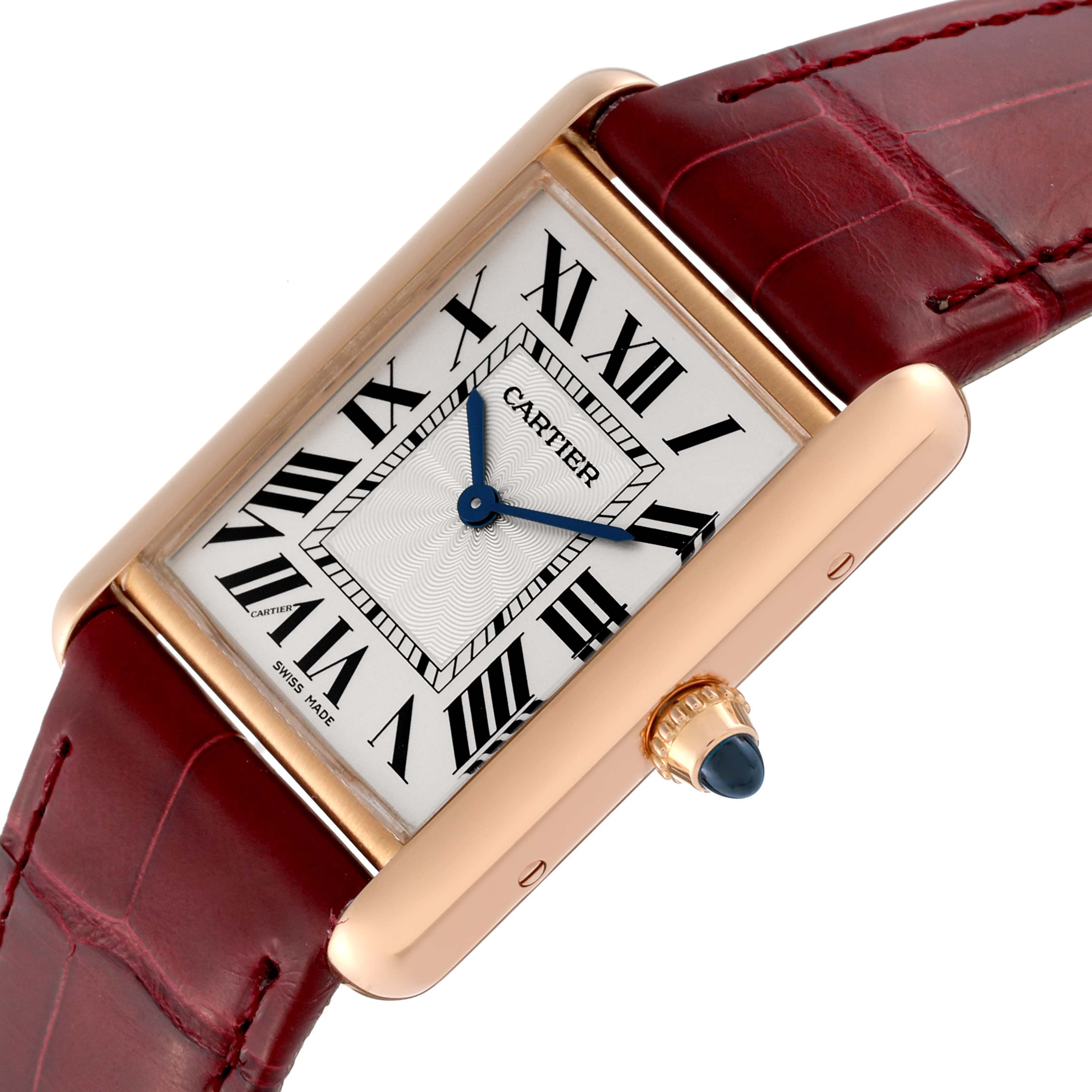 The Cartier Tank Louis WGTA0011 Men's Rose Gold Silver Dial WGTA0011 Men's Rose Gold Silver Dial watch is shown at an inclined angle highlighting the dial, case, crown, and a portion of the leather strap.