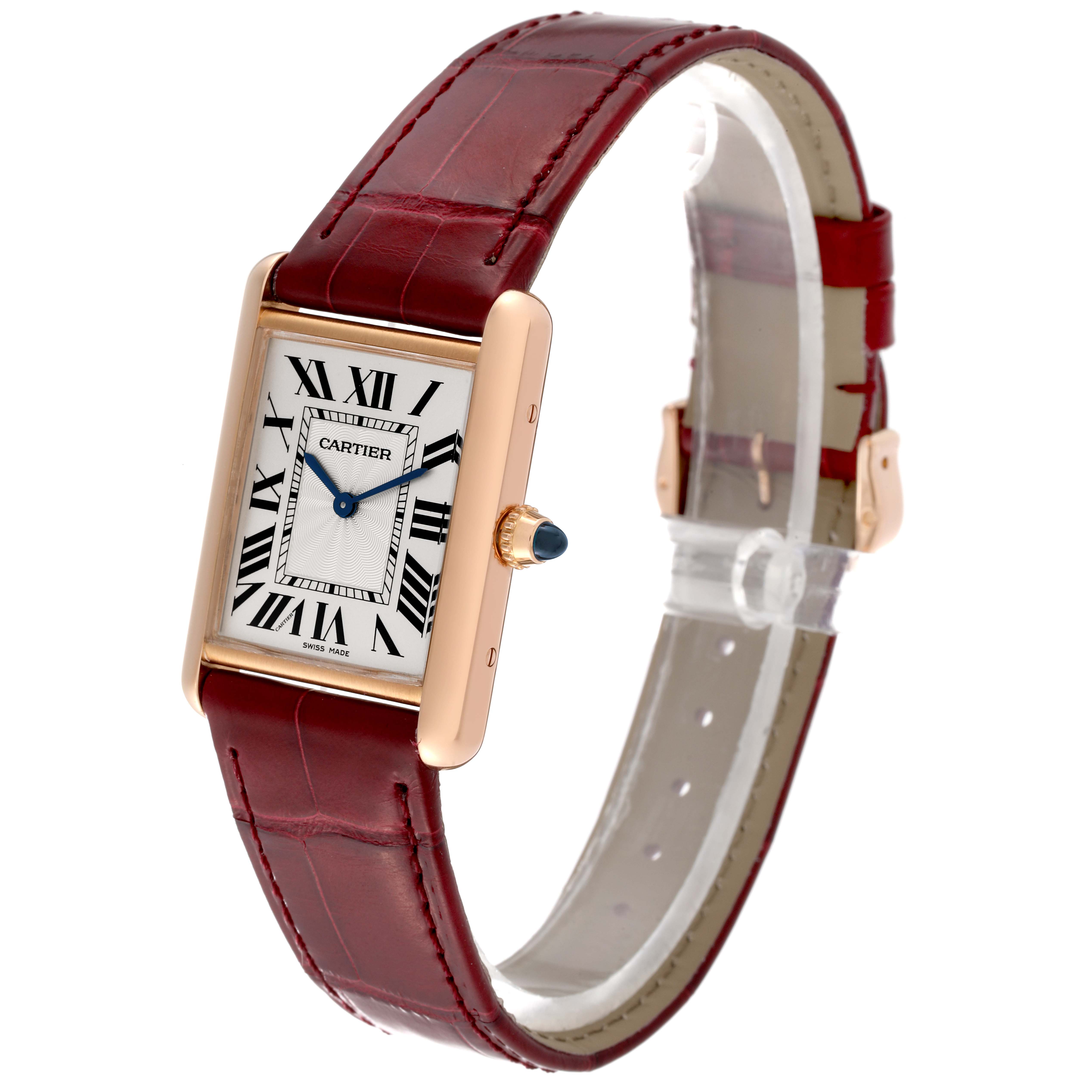The image shows a Cartier Tank Louis WGTA0011 Men's Rose Gold Silver Dial WGTA0011 Men's Rose Gold Silver Dial watch angled to display its face, case, crown, and leather strap.