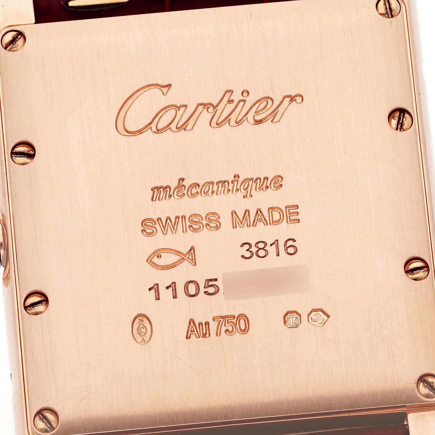 The image shows the back case of a Cartier Tank Louis WGTA0011 Men's Rose Gold Silver Dial WGTA0011 Men's Rose Gold Silver Dial watch, highlighting the engraving and screws.