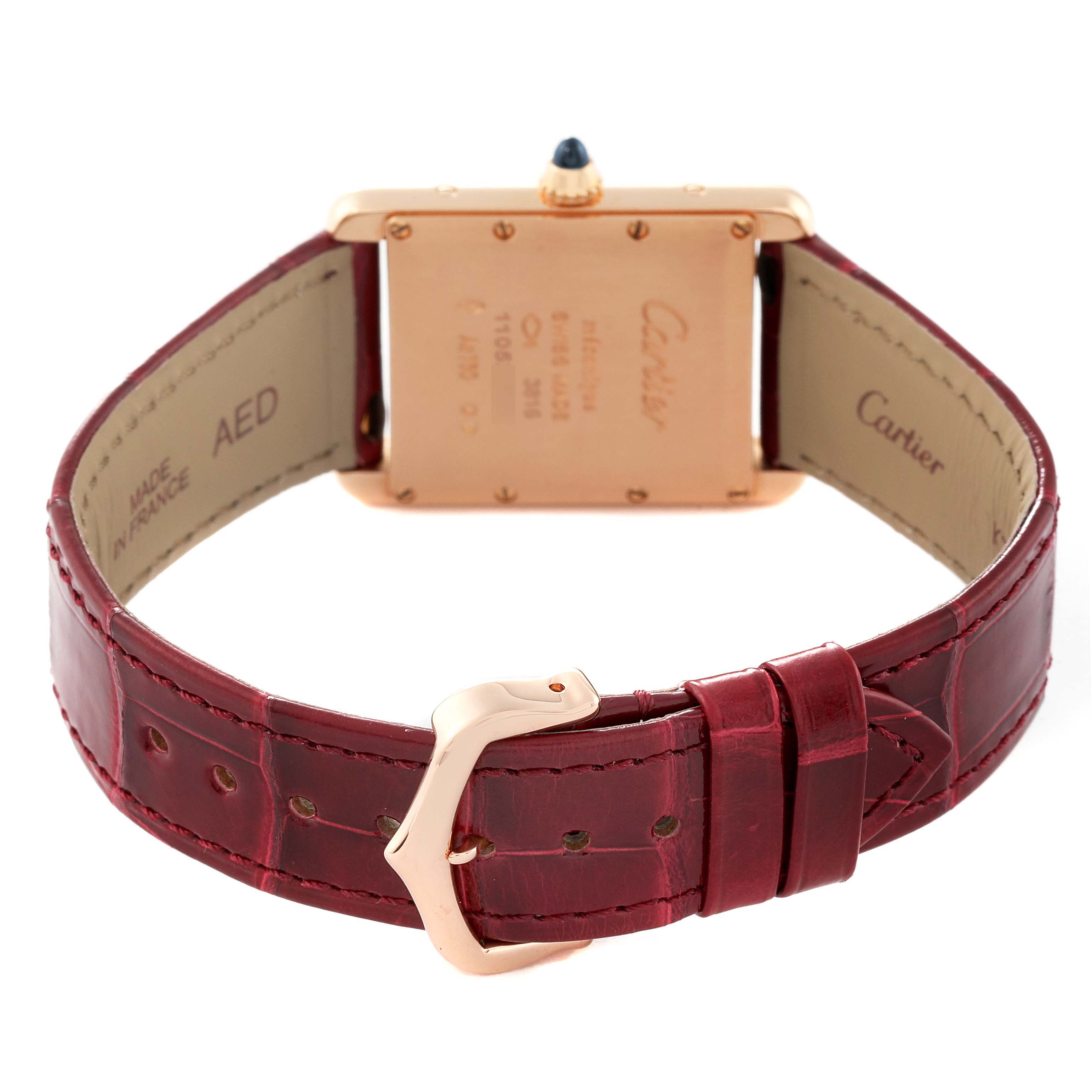 The image shows the back view of a Cartier Tank Louis WGTA0011 Men's Rose Gold Silver Dial WGTA0011 Men's Rose Gold Silver Dial watch, highlighting the case back, strap, buckle, and deployment clasp.