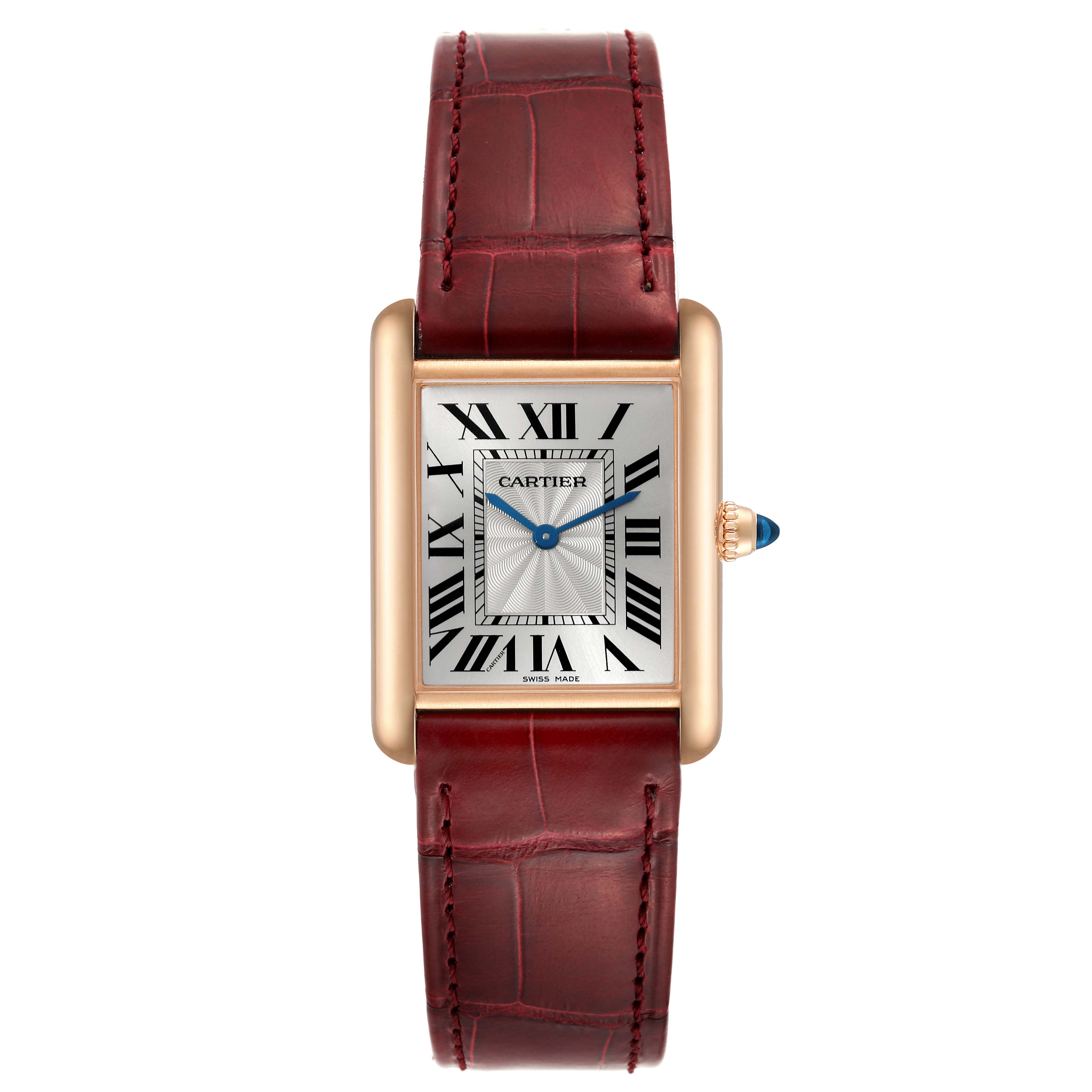 The image shows a Cartier Tank Louis WGTA0011 Men's Rose Gold Silver Dial WGTA0011 Men's Rose Gold Silver Dial watch, viewed from the front, with its face and red leather strap prominently visible.