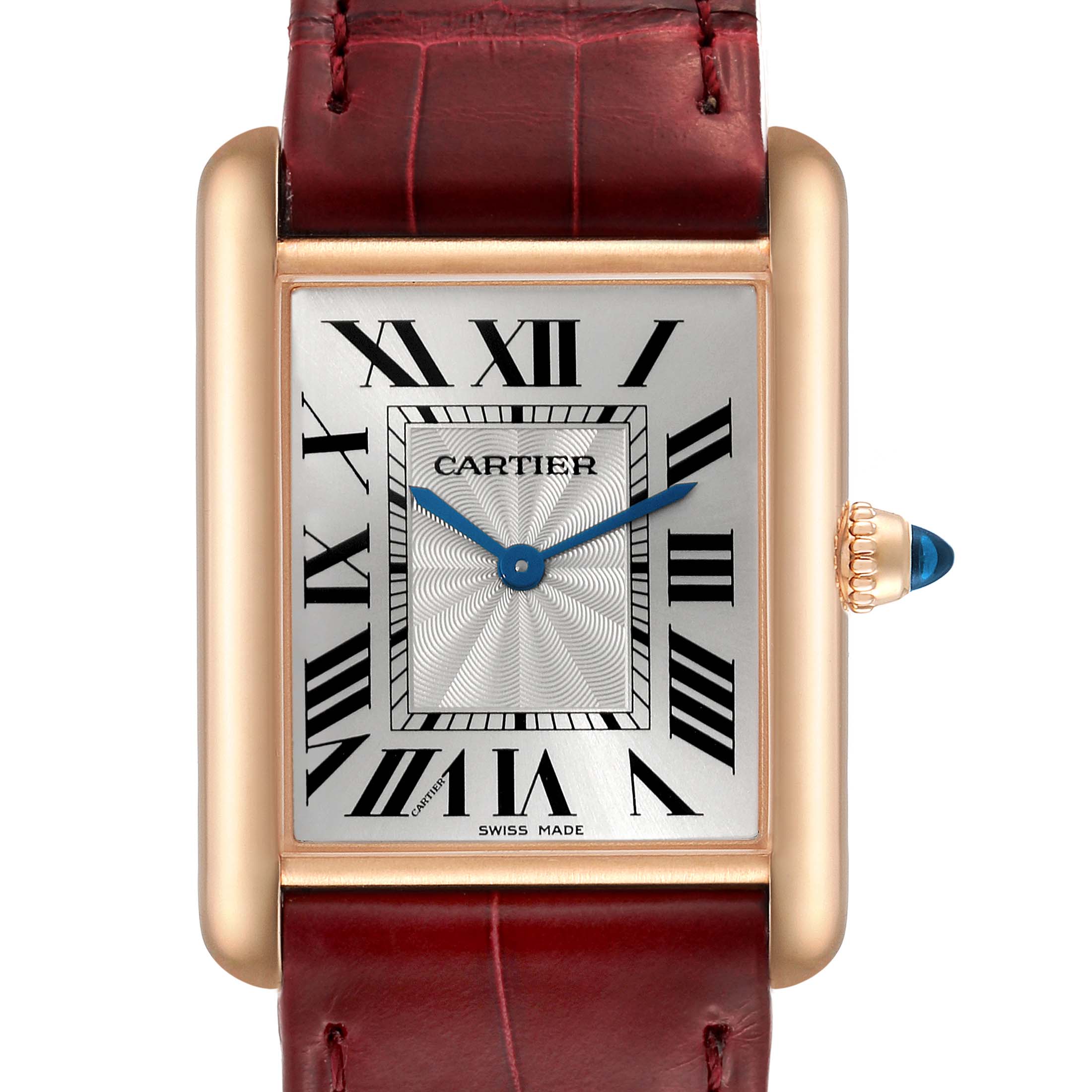 The image shows the face and top portion of a Cartier Tank Louis WGTA0011 Men's Rose Gold Silver Dial WGTA0011 Men's Rose Gold Silver Dial watch, highlighting the dial, hands, crown, and strap.