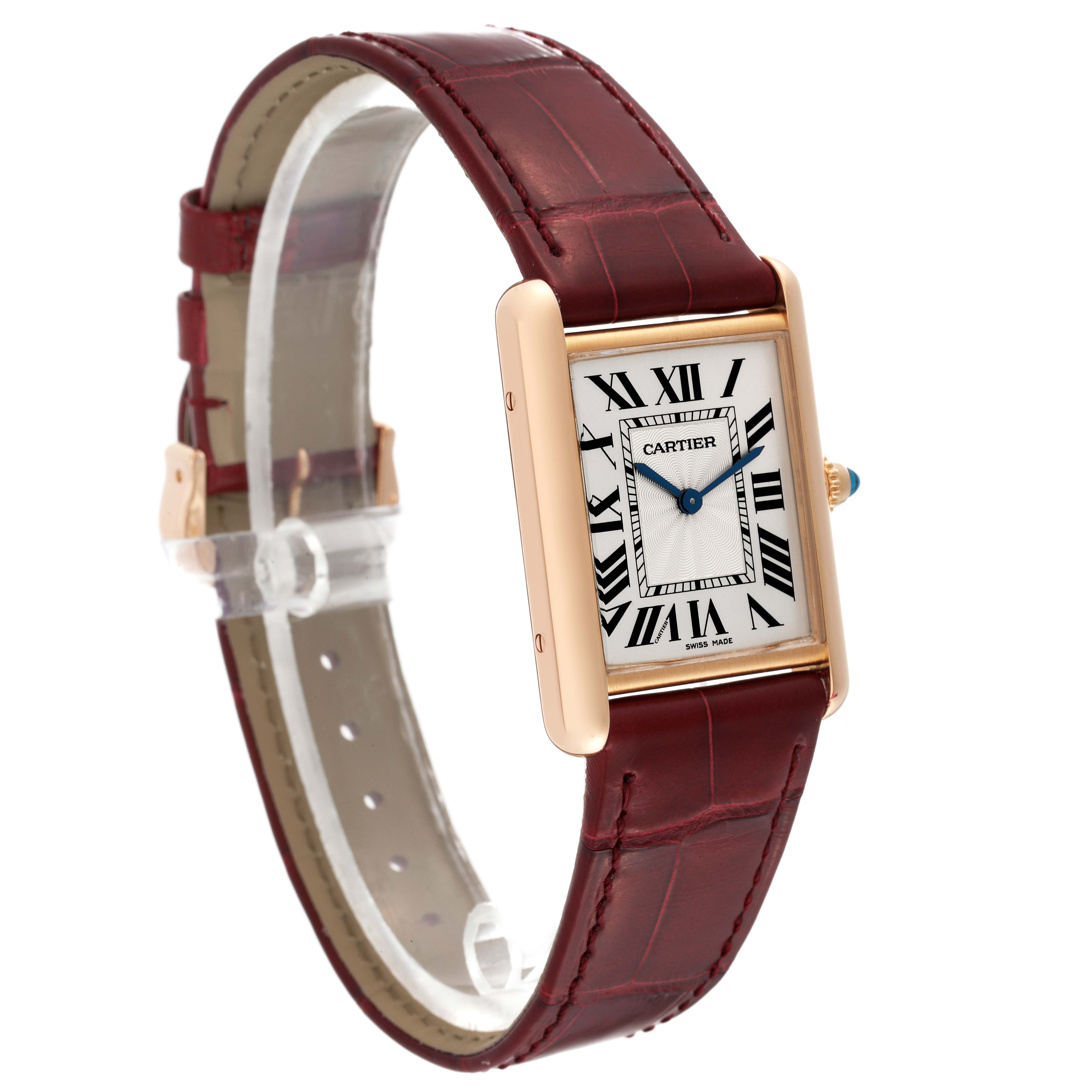 This image shows a side and front view of the Cartier Tank Louis WGTA0011 Men's Rose Gold Silver Dial WGTA0011 Men's Rose Gold Silver Dial watch with a burgundy leather strap and rectangular gold case.