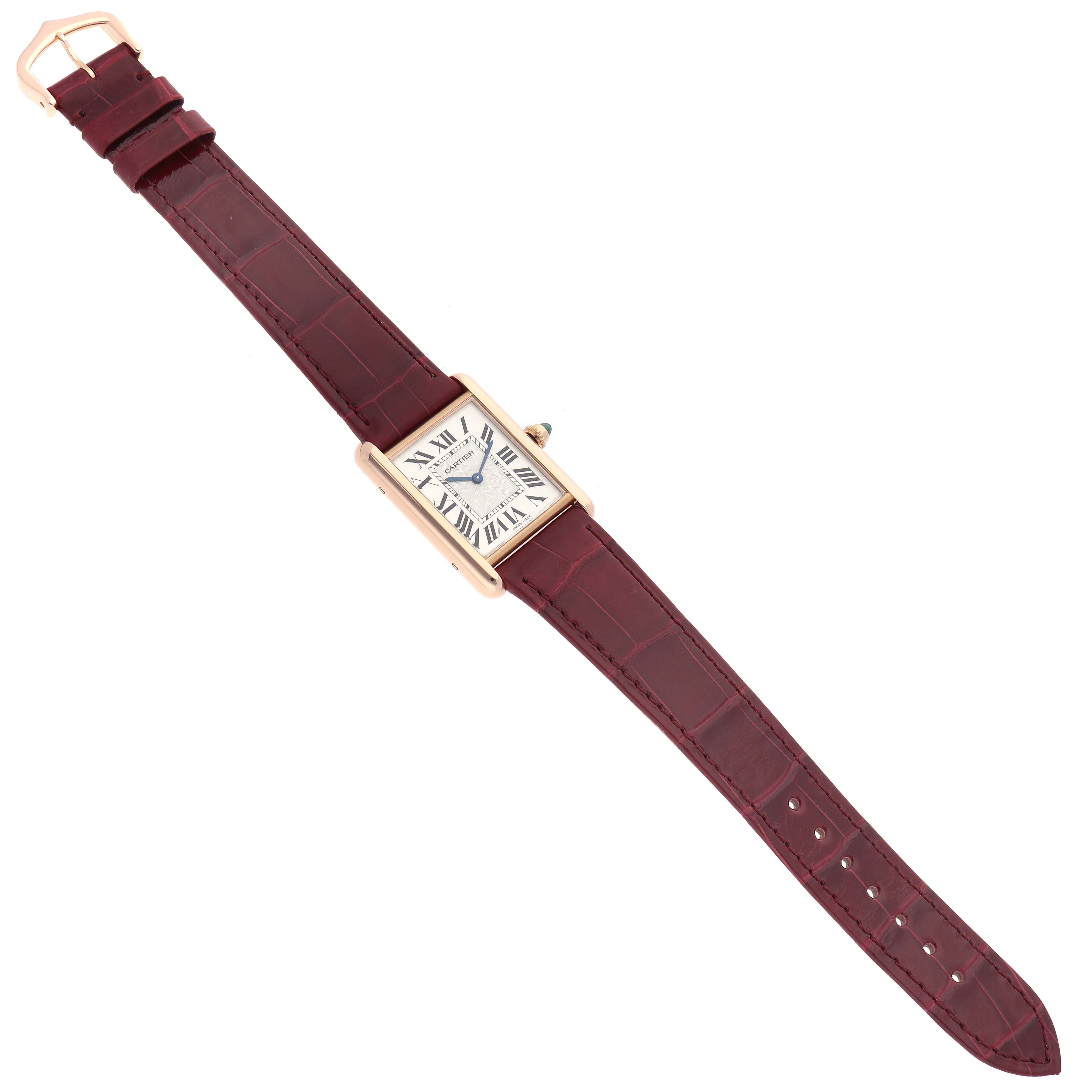 The image shows a top-down view of a Cartier Tank Louis WGTA0011 Men's Rose Gold Silver Dial WGTA0011 Men's Rose Gold Silver Dial watch, highlighting the strap, rectangular case, and dial.
