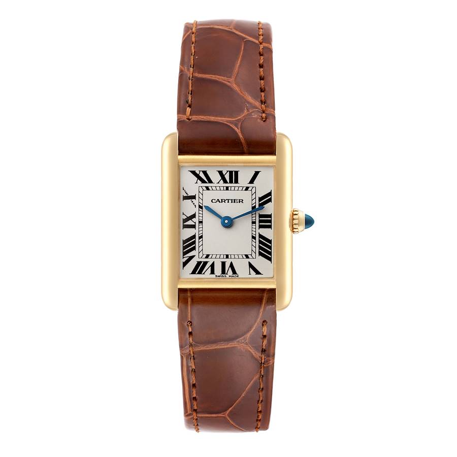 The image shows a front view of the Cartier Tank Louis model watch with a brown leather strap.