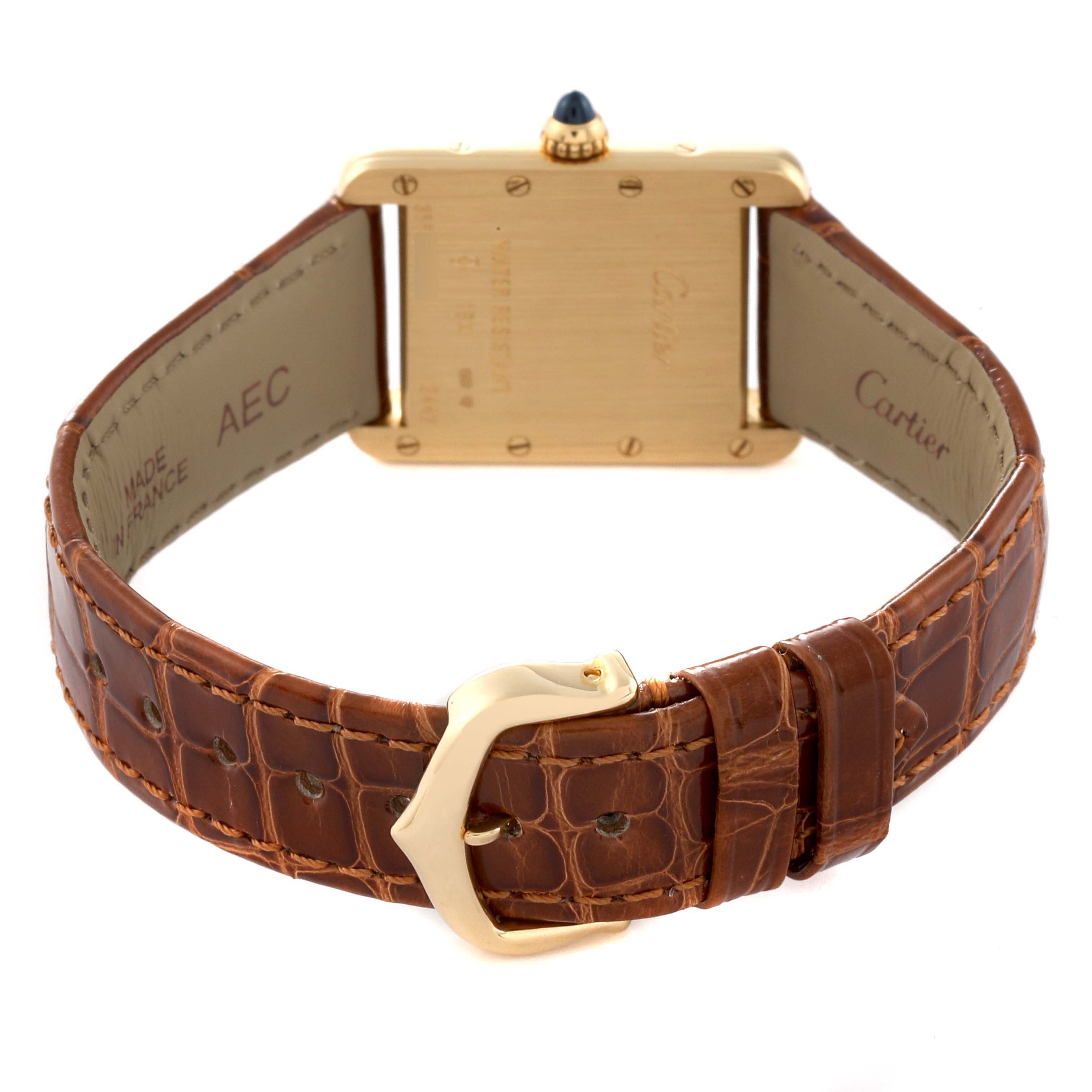 This image shows the back view of the Tank Louis model by Cartier, highlighting the clasp and leather strap.