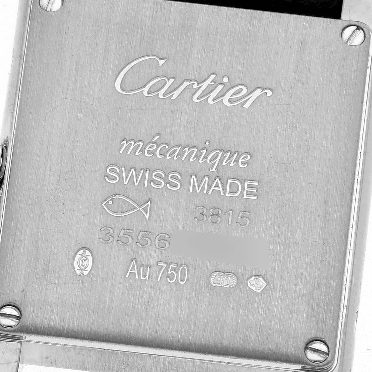 This image shows the back case of a Cartier Tank Louis WJTA0011 Women's White Gold Silver Dial WJTA0011 Women's White Gold Silver Dial watch, highlighting the inscriptions and screws.