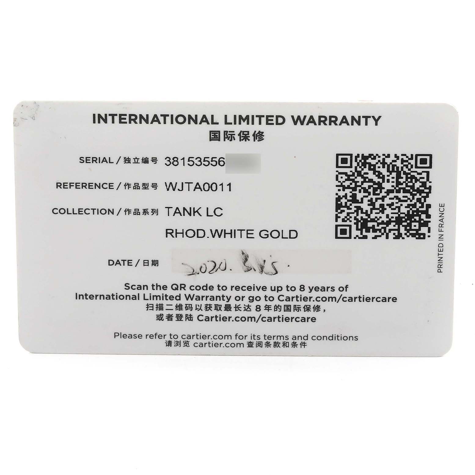 This is the International Limited Warranty card for the Tank Louis model by Cartier.
