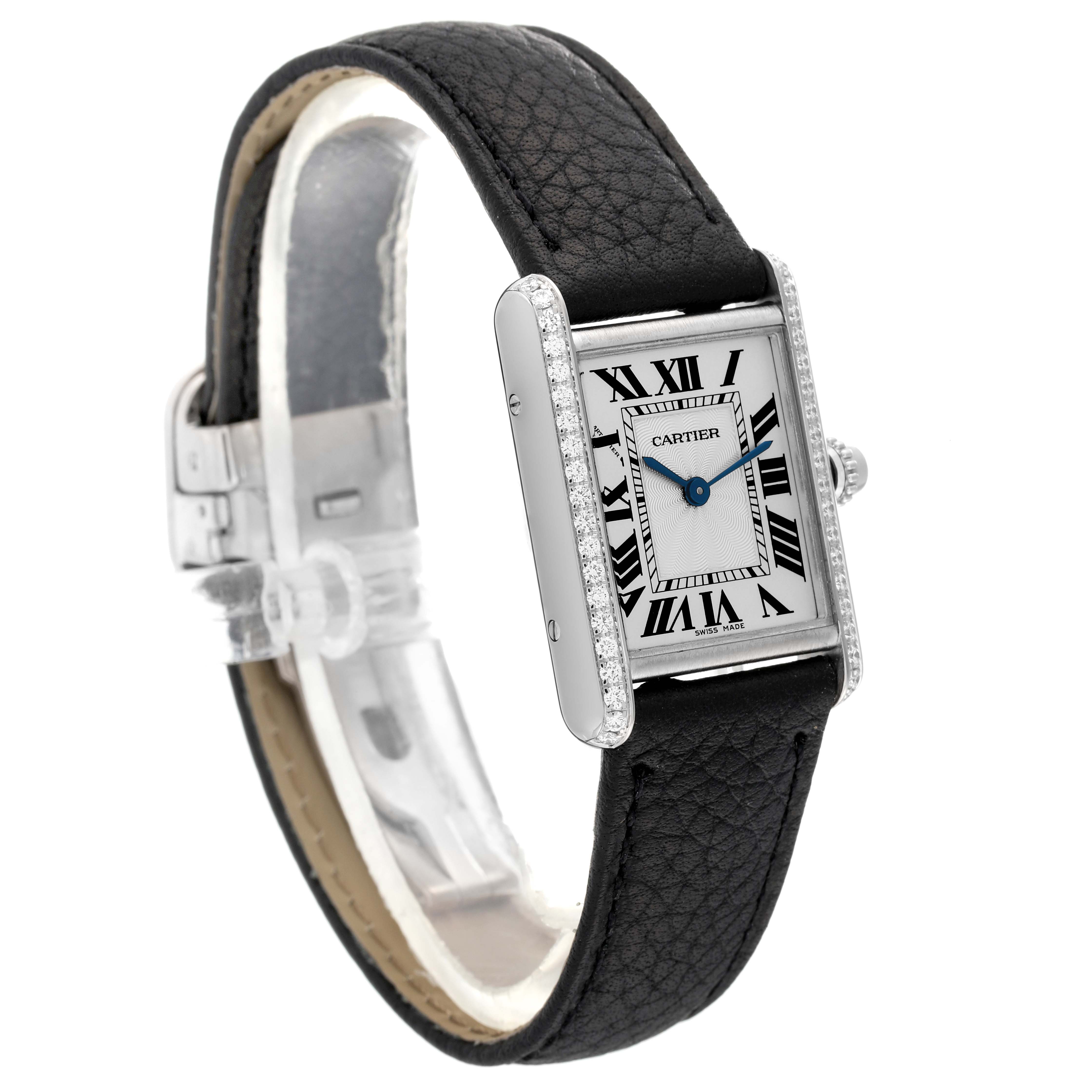 The image shows a Cartier Tank Louis WJTA0011 Women's White Gold Silver Dial WJTA0011 Women's White Gold Silver Dial watch at a slight angle, displaying its face, crown, and leather strap.