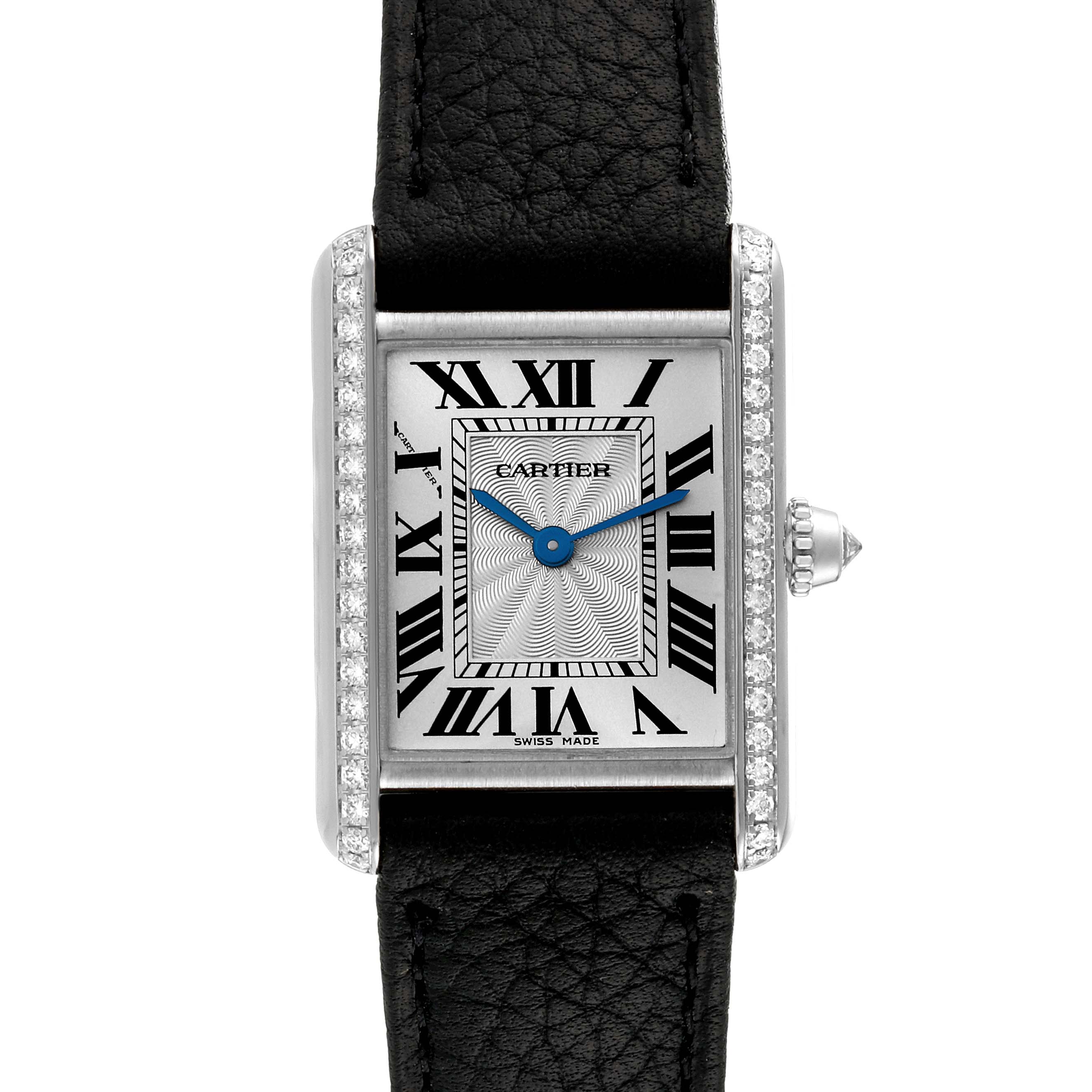 This is a front view of the Cartier Tank Louis WJTA0011 Women's White Gold Silver Dial WJTA0011 Women's White Gold Silver Dial watch, displaying its face, black leather strap, and bejeweled case.