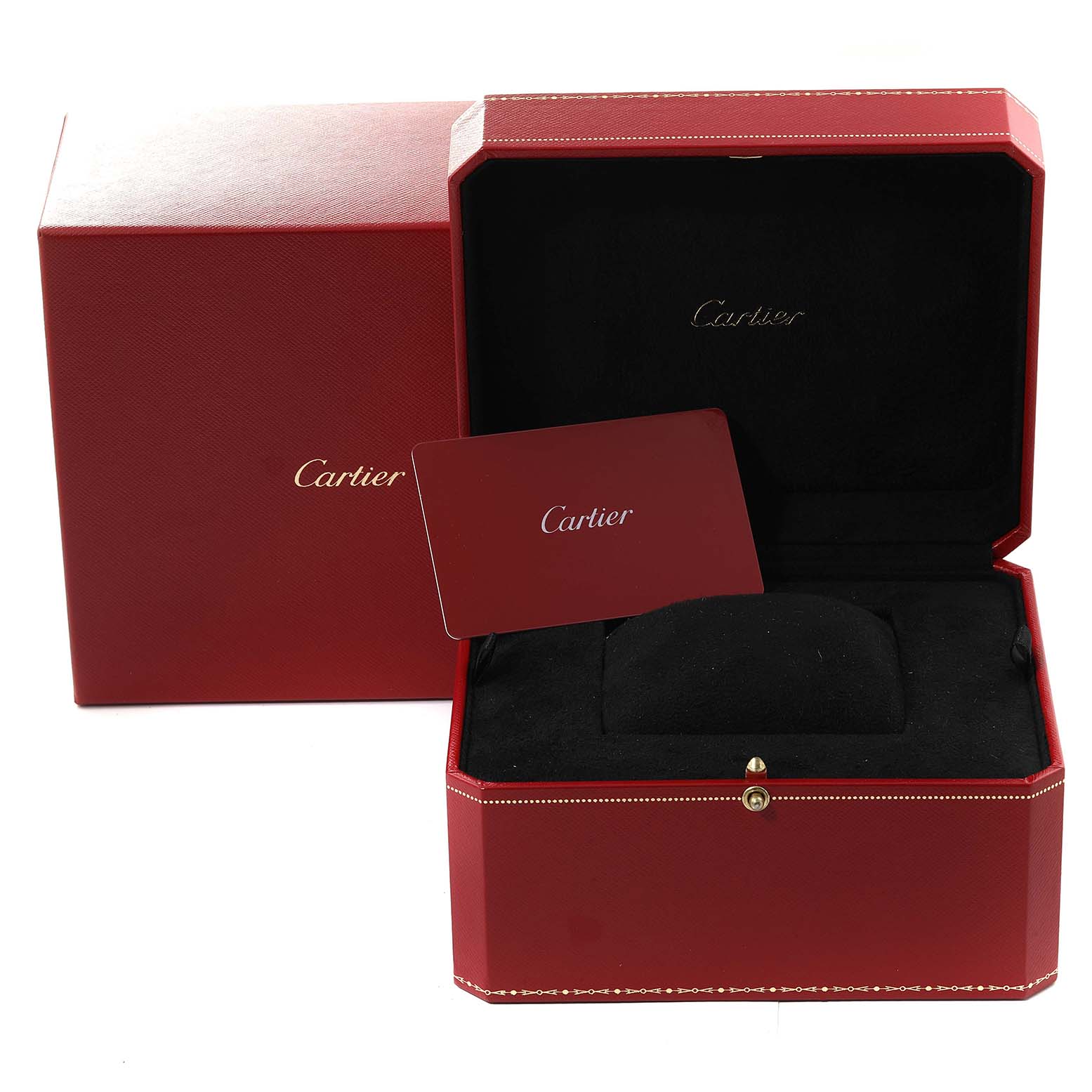 The image shows the presentation box and certificate for a Cartier Tank Louis WJTA0011 Women's White Gold Silver Dial WJTA0011 Women's White Gold Silver Dial model watch.