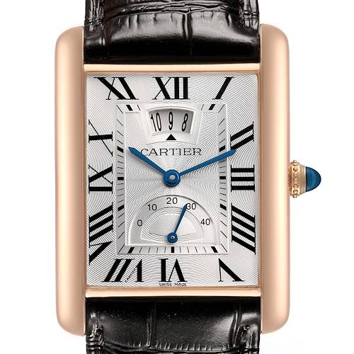 The Cartier Tank Louis W1560003 Men's Rose Gold Silver Dial watch is shown from the front, displaying its rectangular dial, Roman numerals, and crown with a blue cabochon.