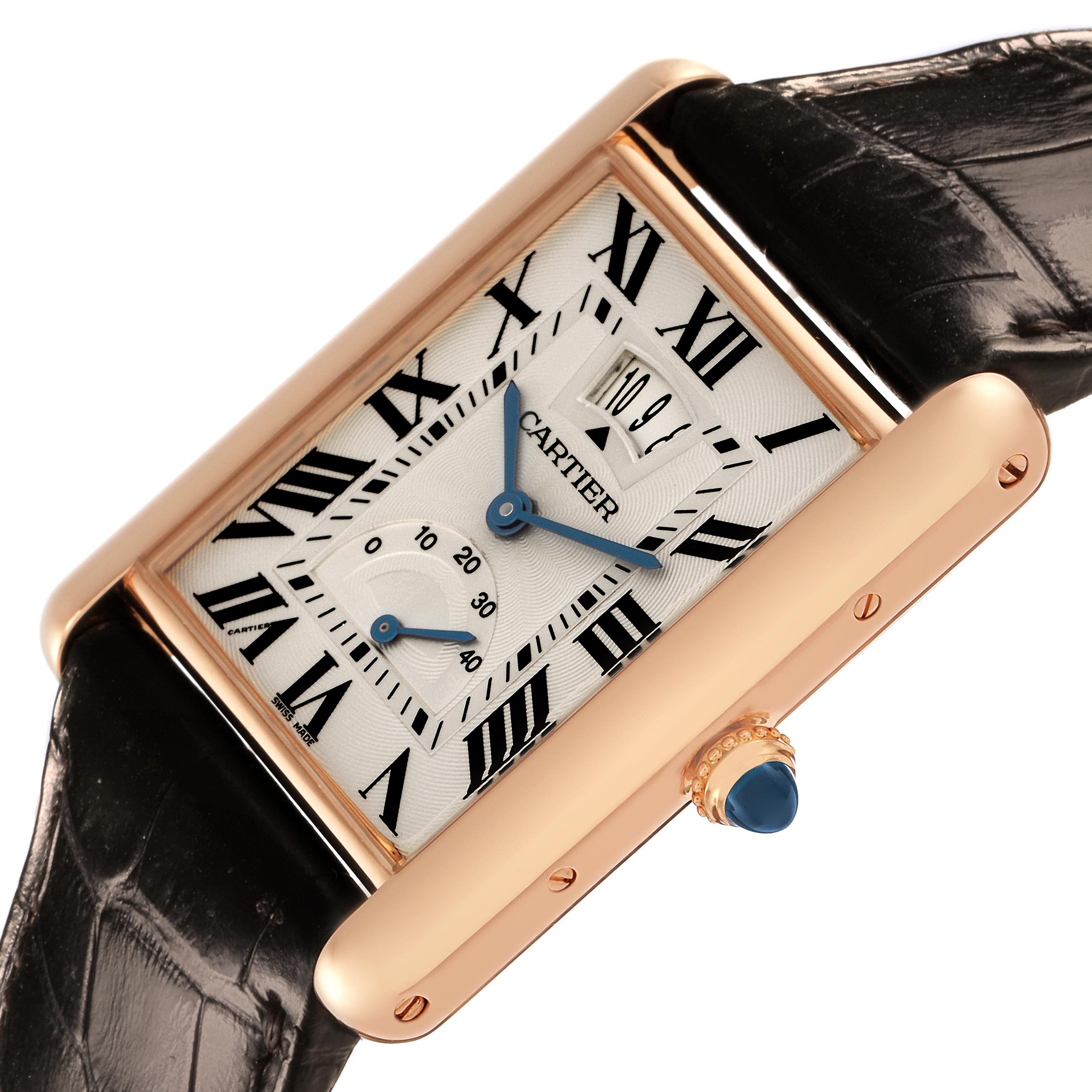 The Cartier Tank Louis W1560003 Men's Rose Gold White Dial W1560003 Men's Rose Gold White Dial watch is shown from a tilted top view, highlighting the dial, case, and crown with a leather strap.