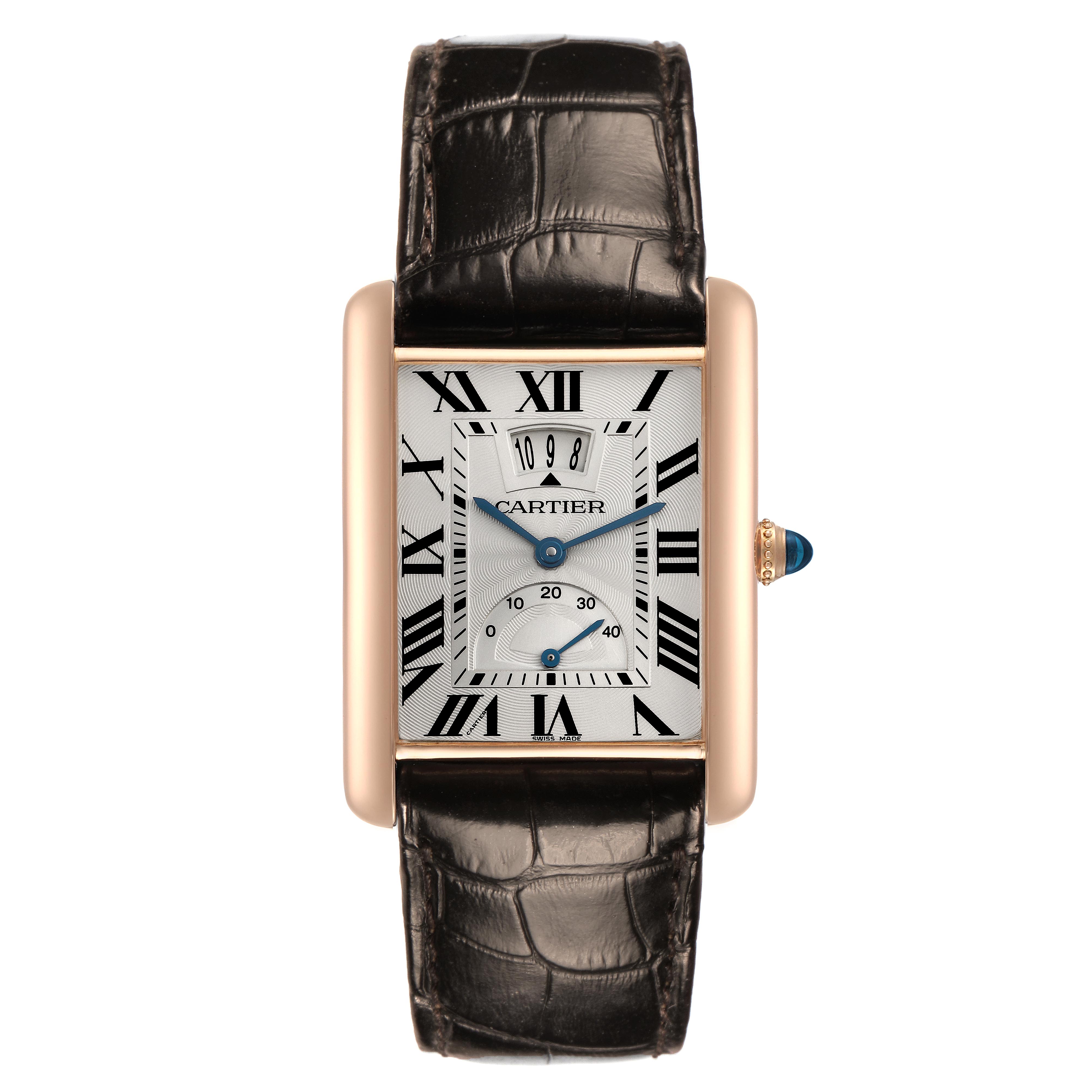 The Cartier Tank Louis W1560003 Men's Rose Gold White Dial W1560003 Men's Rose Gold White Dial watch is shown from a top view, displaying the dial, hands, leather strap, and crown.