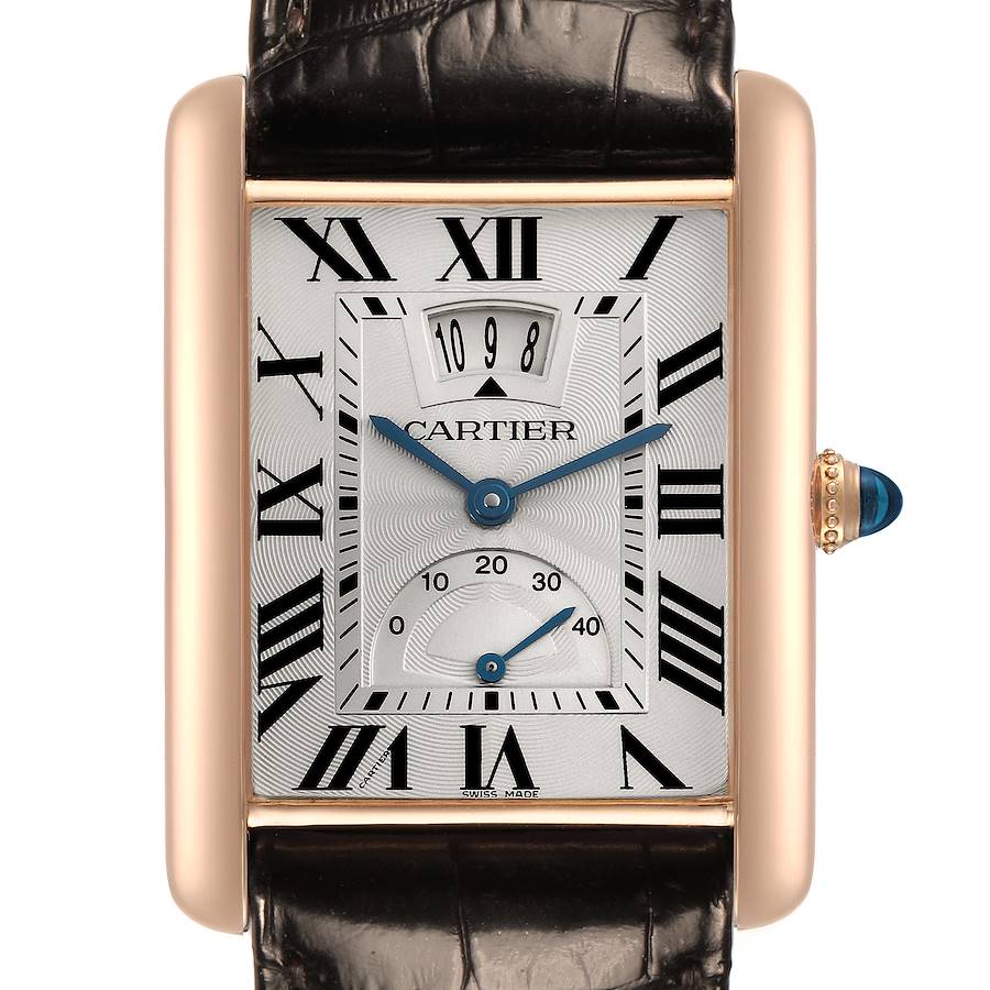 The Cartier Tank Louis watch is shown from the front, highlighting the dial, Roman numerals, blue hands, and crown with a gemstone.