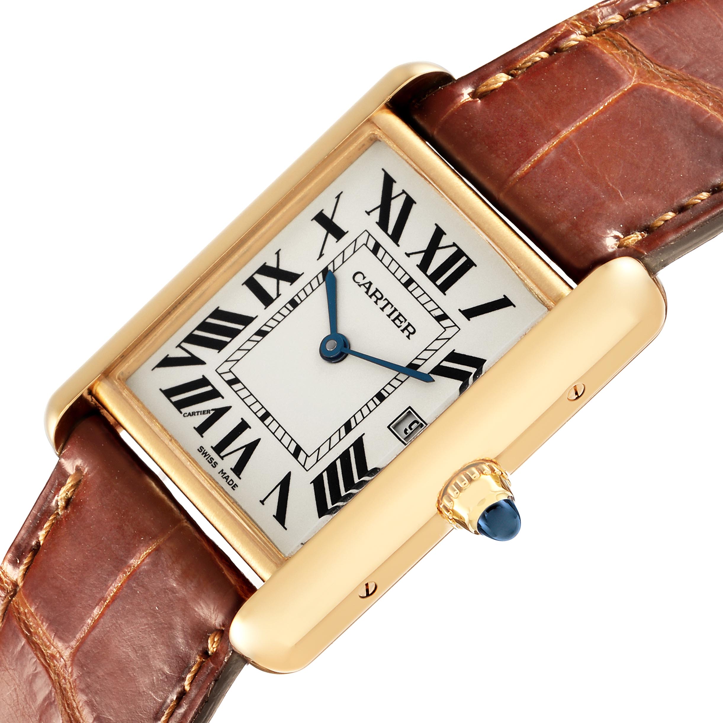 The Cartier Tank Louis W1529756 Men's Yellow Gold Silver Dial W1529756 Men's Yellow Gold Silver Dial watch is shown at an angled close-up, highlighting its rectangular face, Roman numerals, and leather strap.