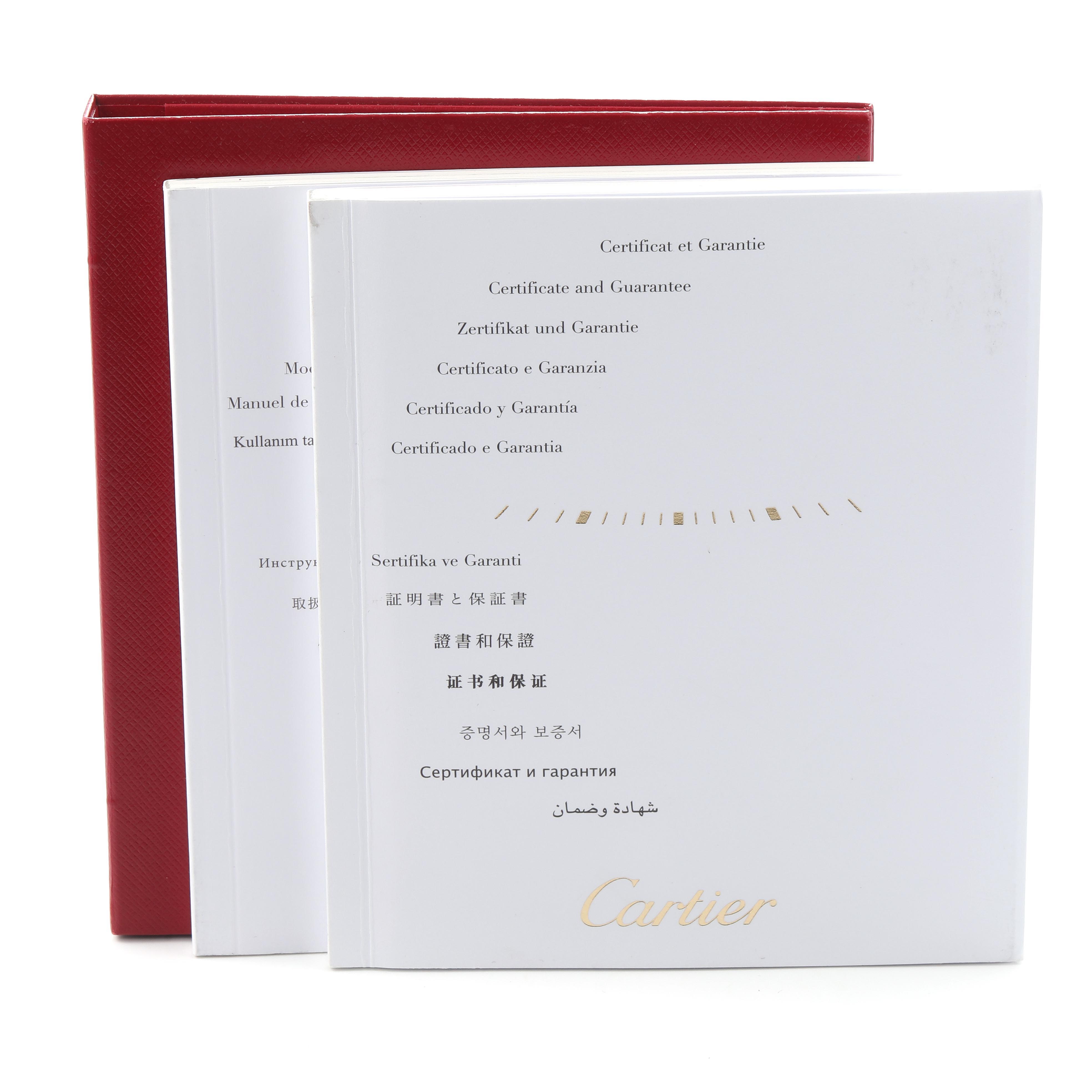 The image shows a Cartier Tank Louis W1529756 Men's Yellow Gold Silver Dial W1529756 Men's Yellow Gold Silver Dial watch box, manuals, and warranty documents at a slightly angled front view.