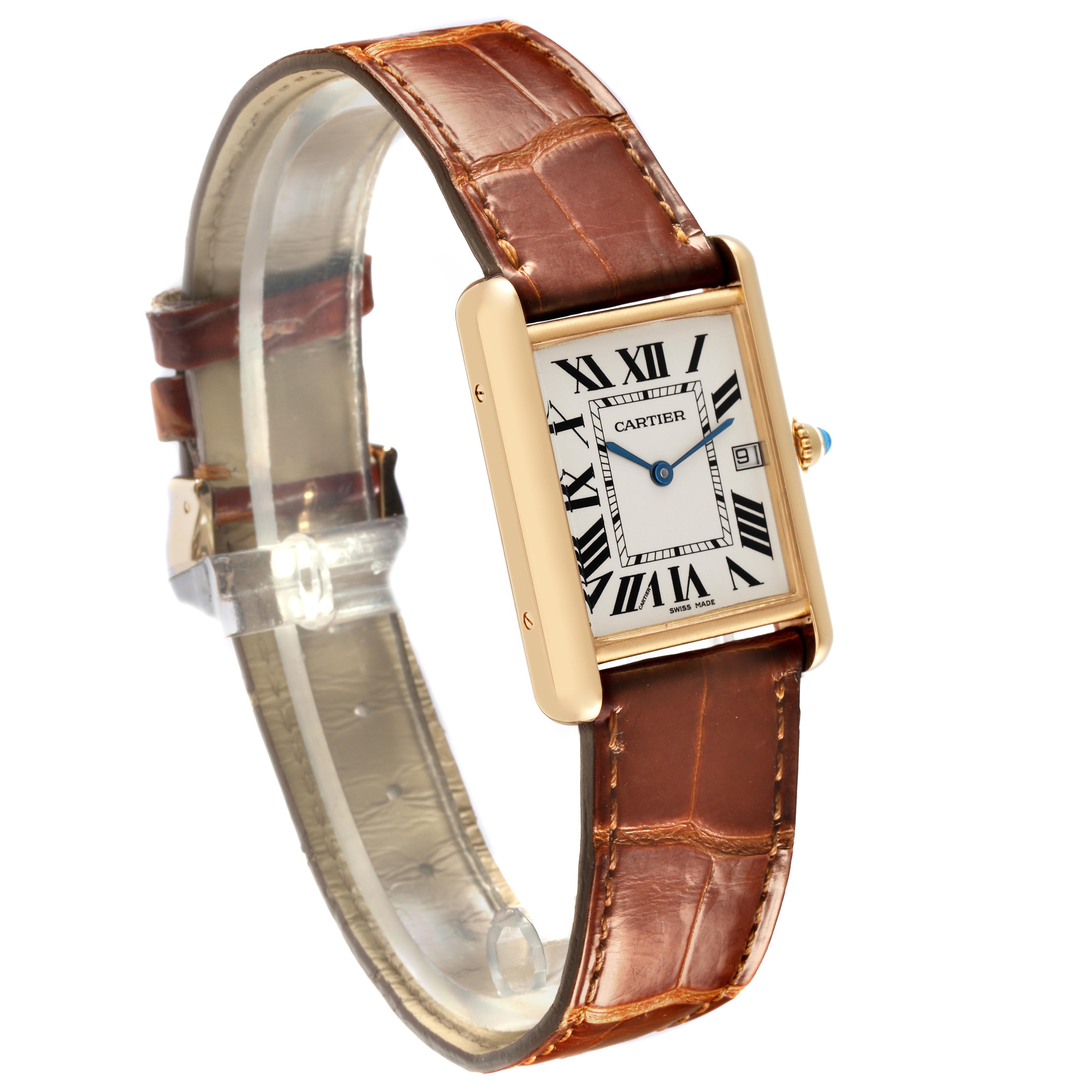 The Cartier Tank Louis W1529756 Men's Yellow Gold Silver Dial W1529756 Men's Yellow Gold Silver Dial watch is shown at an angle displaying the face, crown, strap, and lugs.
