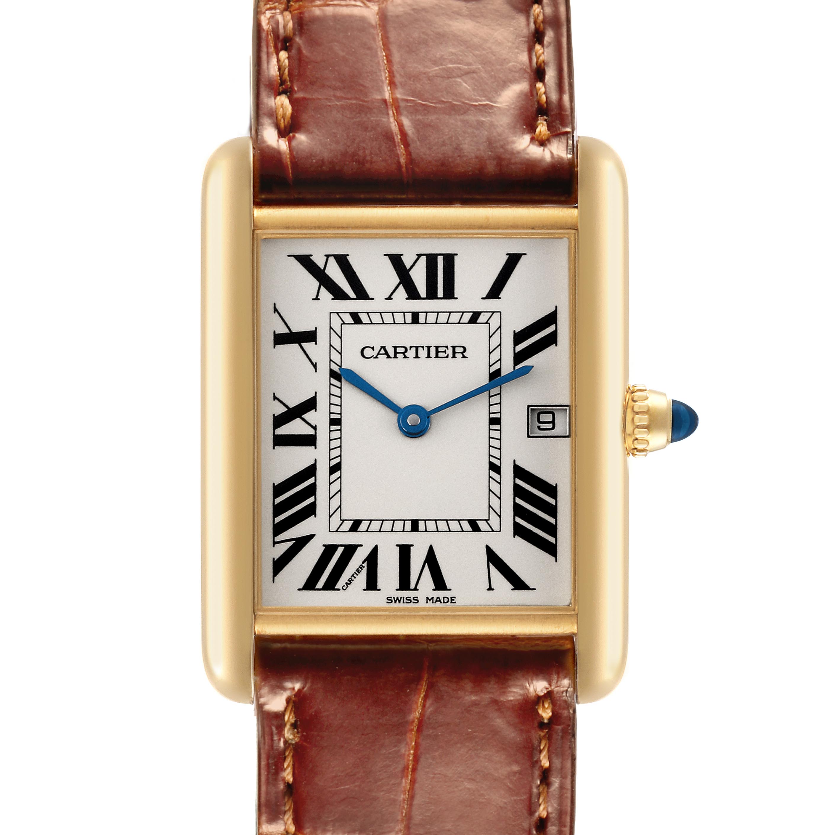 The Cartier Tank Louis W1529756 Men's Yellow Gold Silver Dial W1529756 Men's Yellow Gold Silver Dial watch is shown from the front, displaying the dial, crown, and brown leather strap.