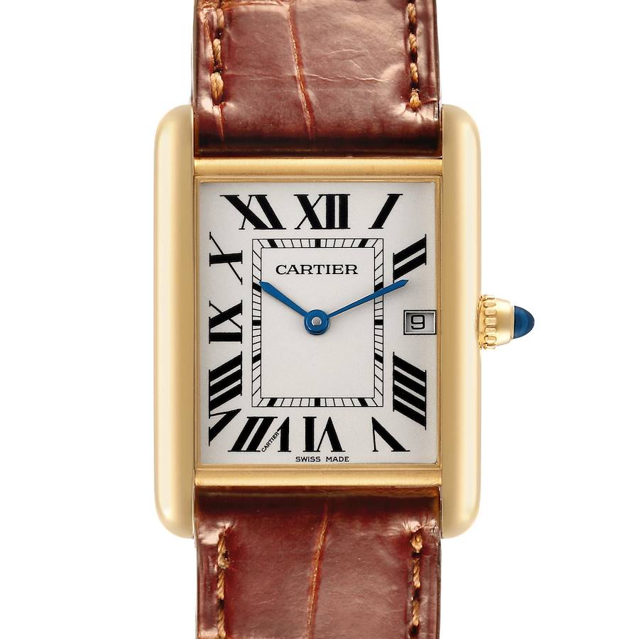 The Cartier Tank Louis watch is shown from the front, displaying the dial, crown, and brown leather strap.