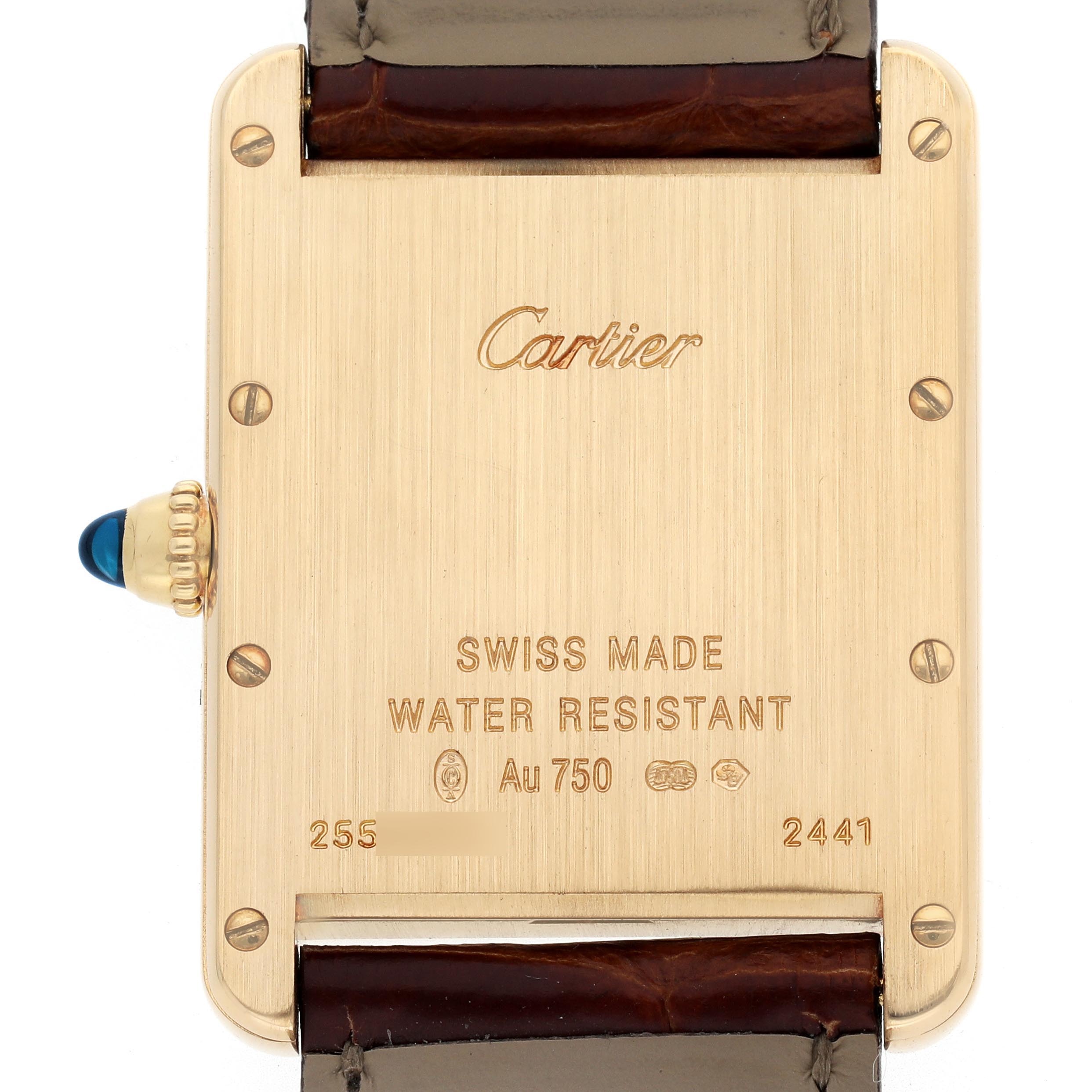 The image shows the back of the Cartier Tank Louis W1529756 Men's Yellow Gold Silver Dial W1529756 Men's Yellow Gold Silver Dial watch, highlighting the case, screws, and crown with a blue cabochon.