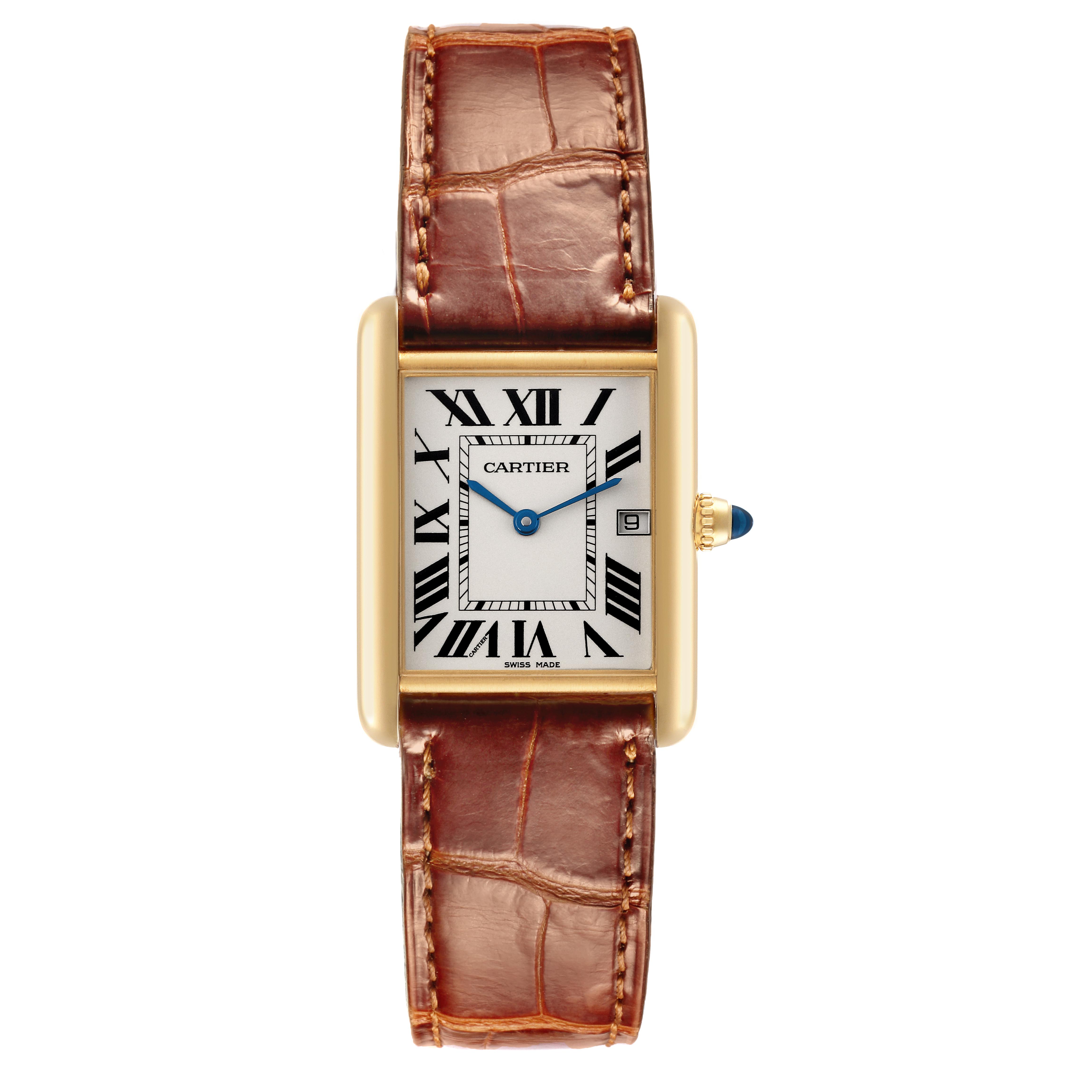 The Cartier Tank Louis W1529756 Men's Yellow Gold Silver Dial W1529756 Men's Yellow Gold Silver Dial watch is shown from the front, featuring a rectangular dial, roman numerals, and a leather strap.