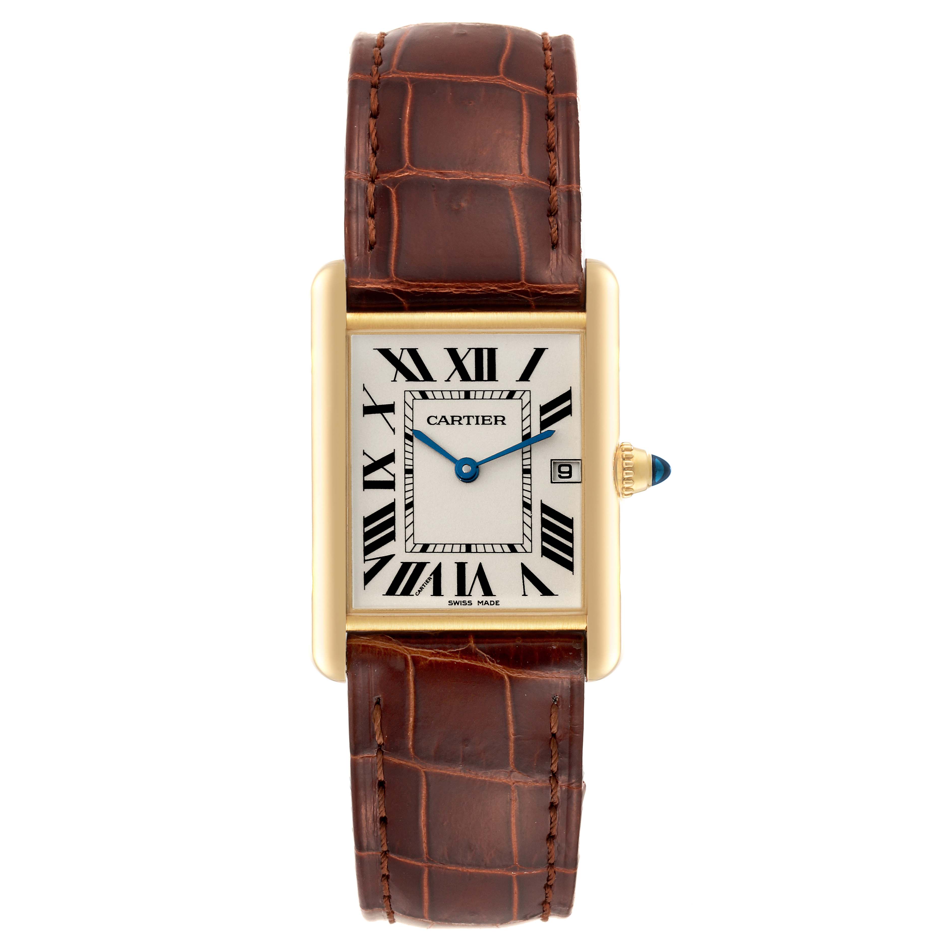 This is a front view of the Cartier Tank Louis W1529756 Men's Yellow Gold Silver Dial W1529756 Men's Yellow Gold Silver Dial watch, showing the face, Roman numerals, and brown leather strap.