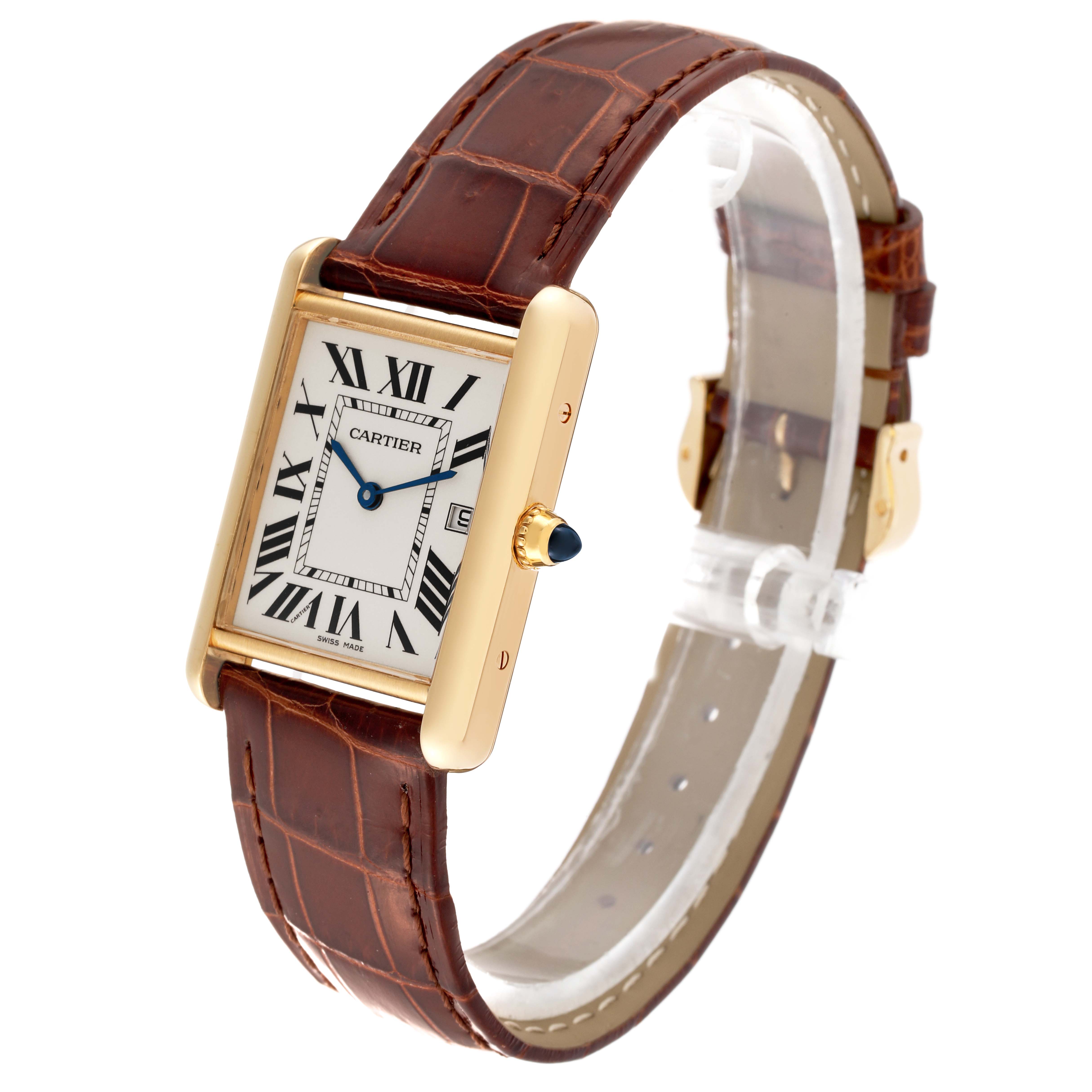 The image shows a Cartier Tank Louis W1529756 Men's Yellow Gold Silver Dial W1529756 Men's Yellow Gold Silver Dial watch at a three-quarter angle, highlighting the face, crown, and brown leather strap.