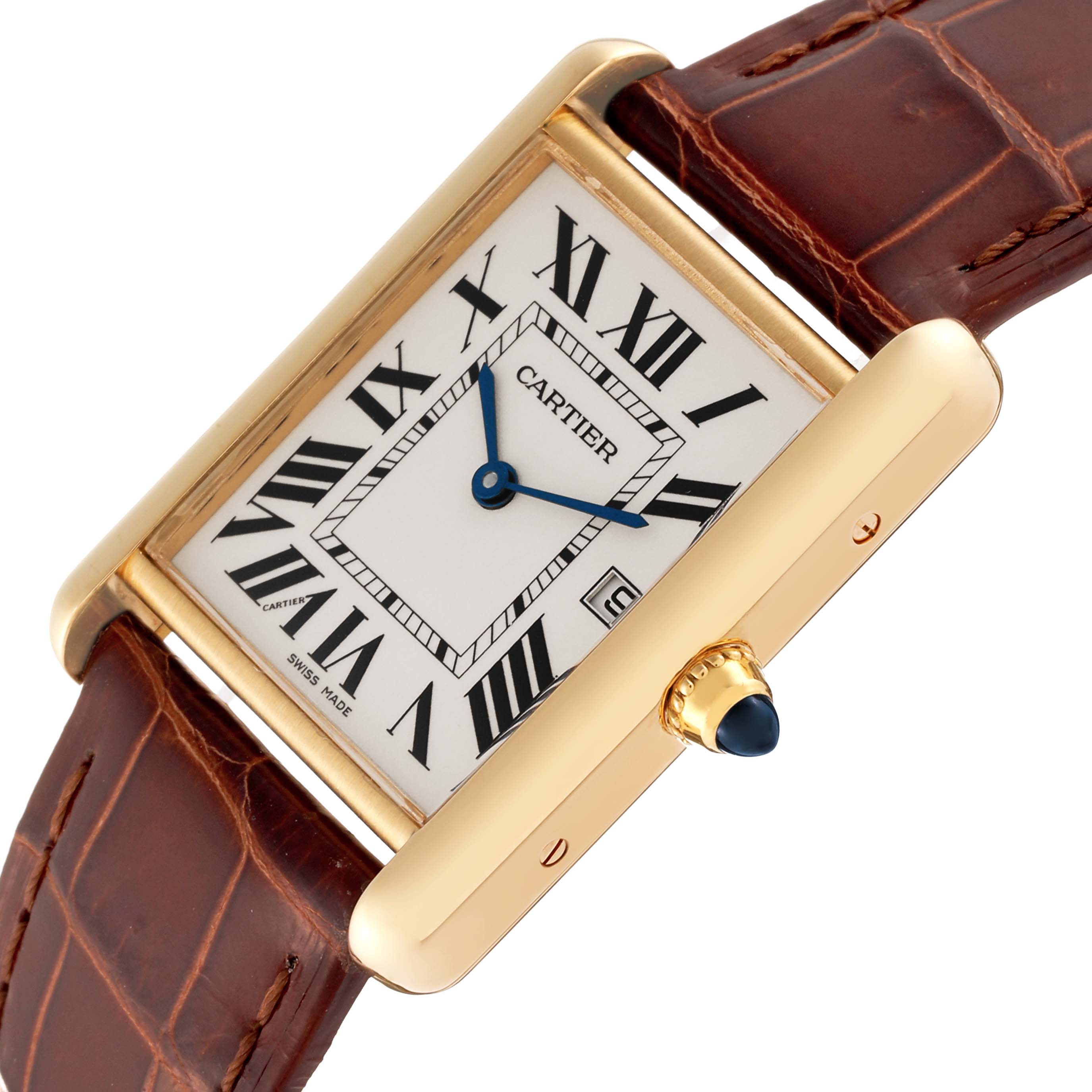 The image shows a close-up angle of the dial and crown of the Cartier Tank Louis W1529756 Men's Yellow Gold Silver Dial W1529756 Men's Yellow Gold Silver Dial watch with a brown leather strap.