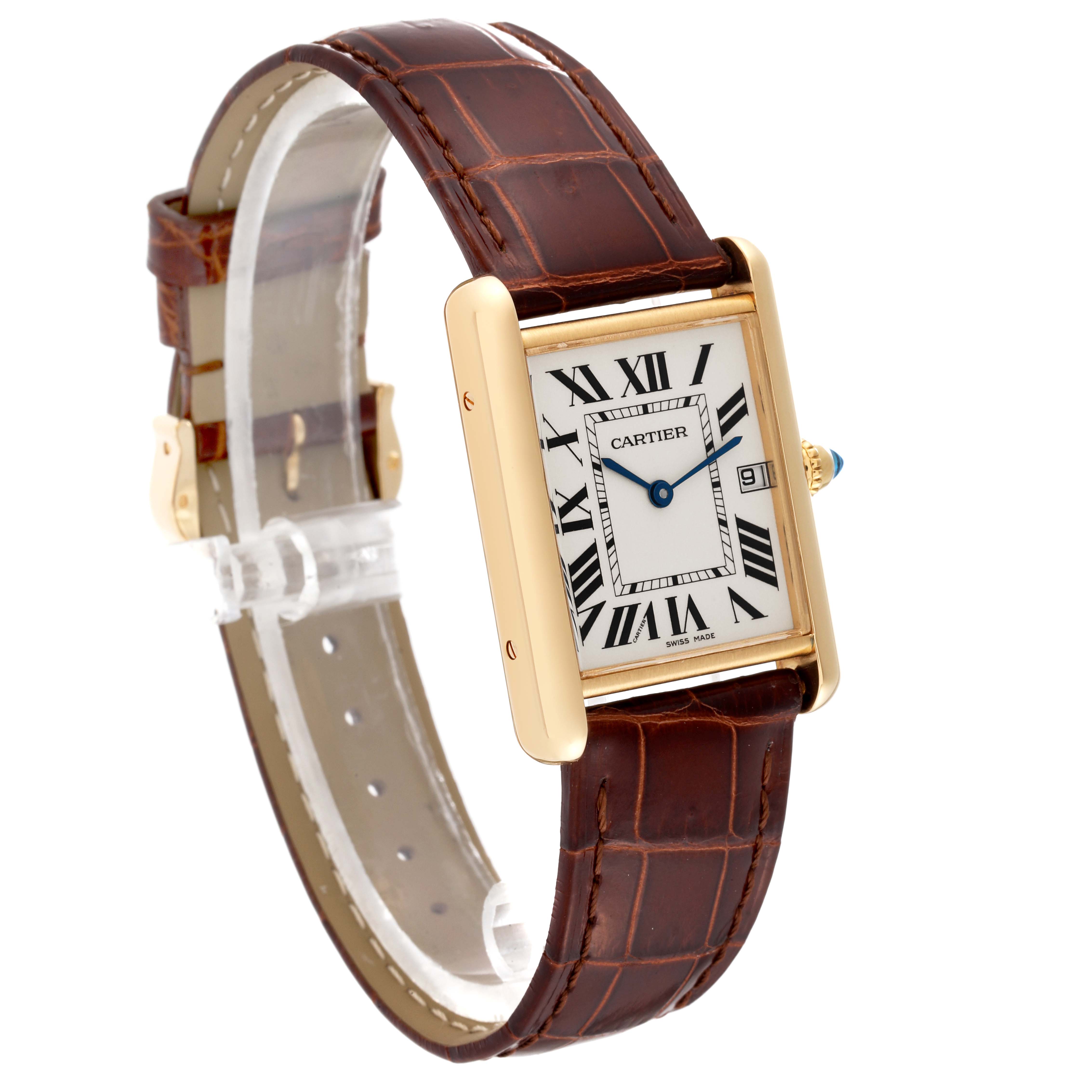 The image shows a Cartier Tank Louis W1529756 Men's Yellow Gold Silver Dial W1529756 Men's Yellow Gold Silver Dial watch from an angled side view, featuring its face, strap, and buckle.