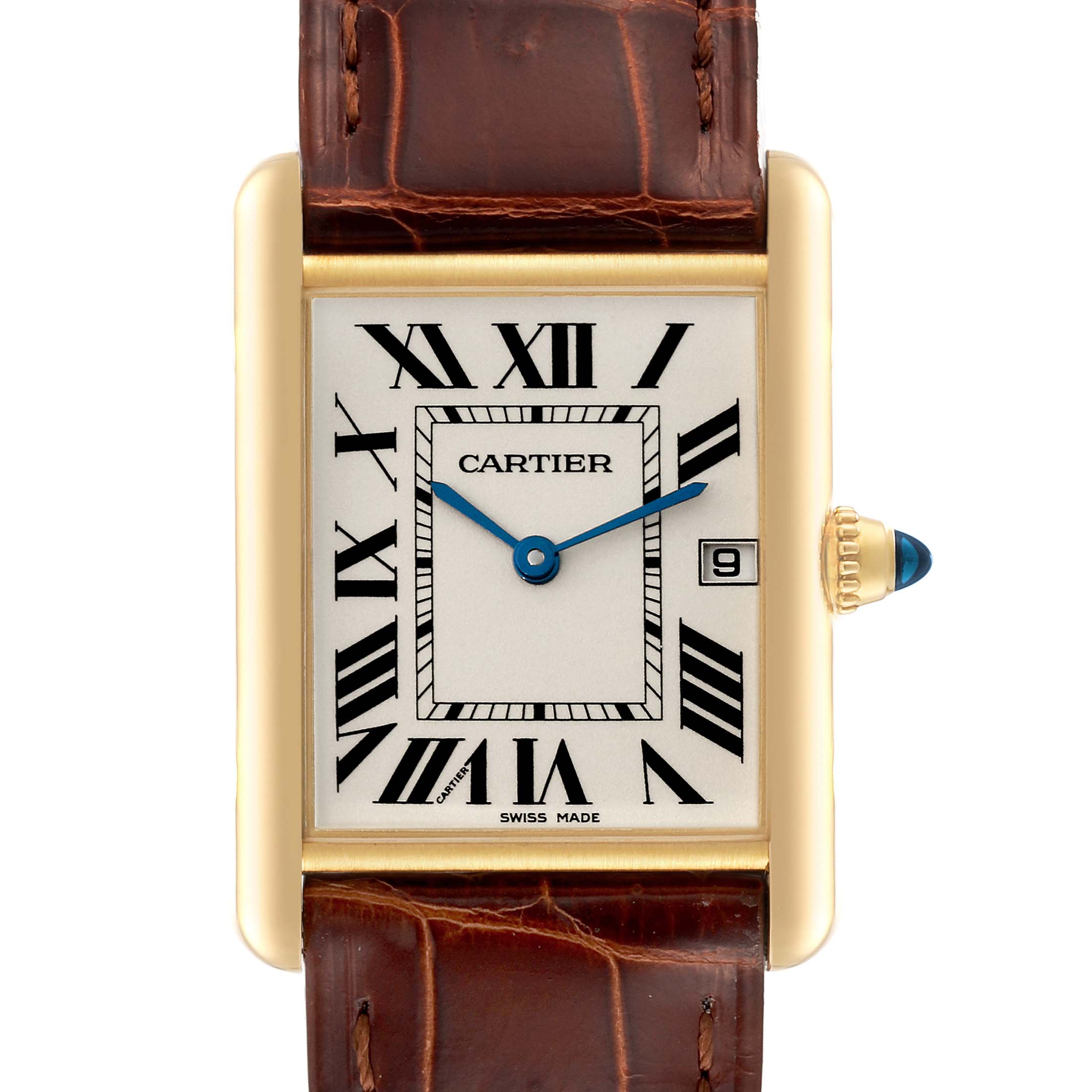 The image shows a frontal view of the Cartier Tank Louis W1529756 Men's Yellow Gold Silver Dial W1529756 Men's Yellow Gold Silver Dial watch, highlighting its face, hands, date window, and leather strap.
