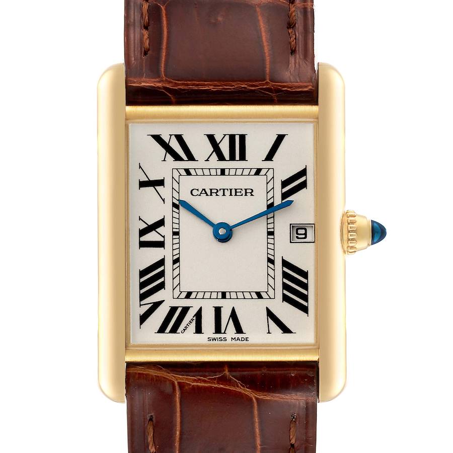 The image shows a frontal view of the Cartier Tank Louis watch, highlighting its face, hands, date window, and leather strap.