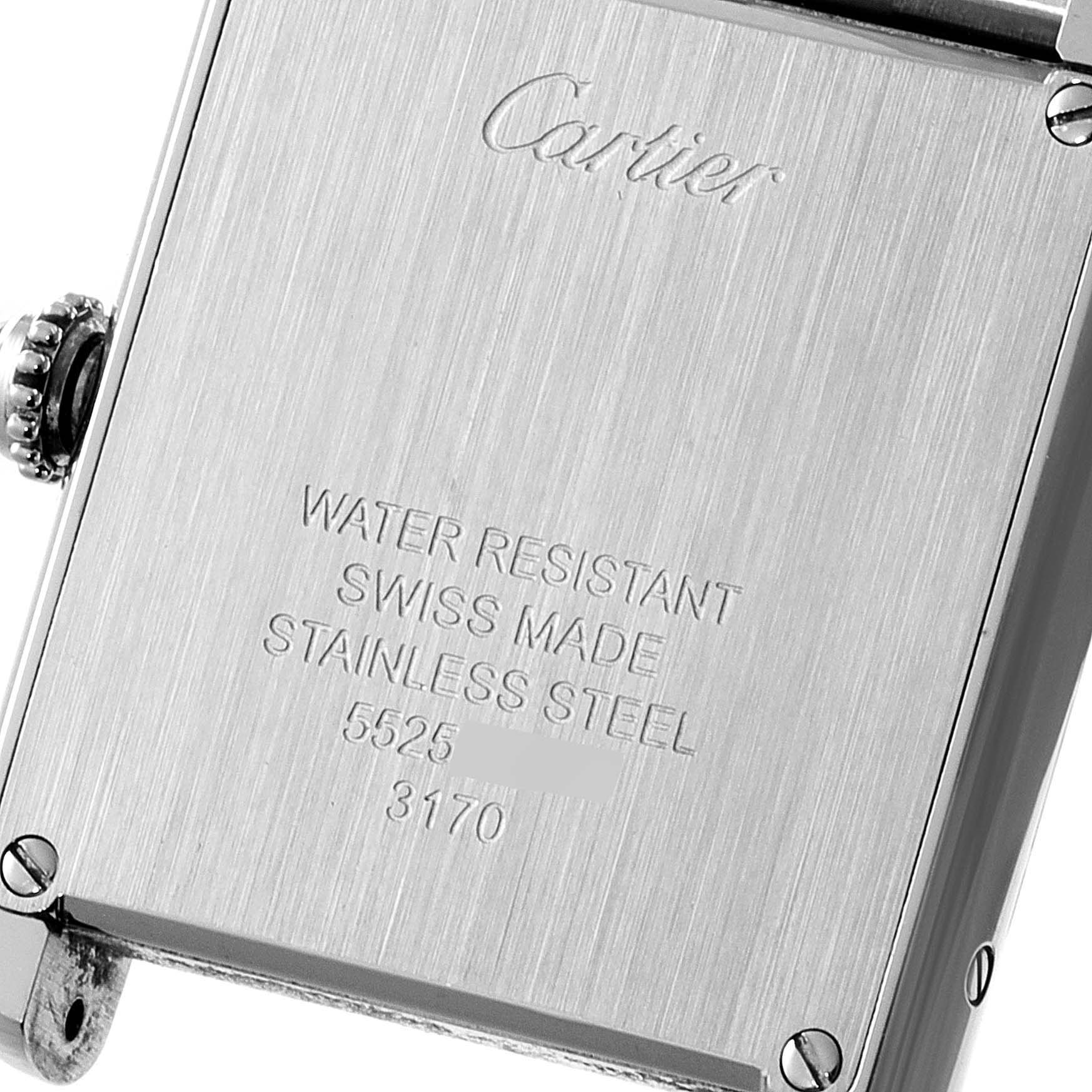 This image shows the back case and side crown of a Cartier Tank Solo W5200013 Women's Stainless Steel Silver Dial W5200013 Women's Stainless Steel Silver Dial watch.