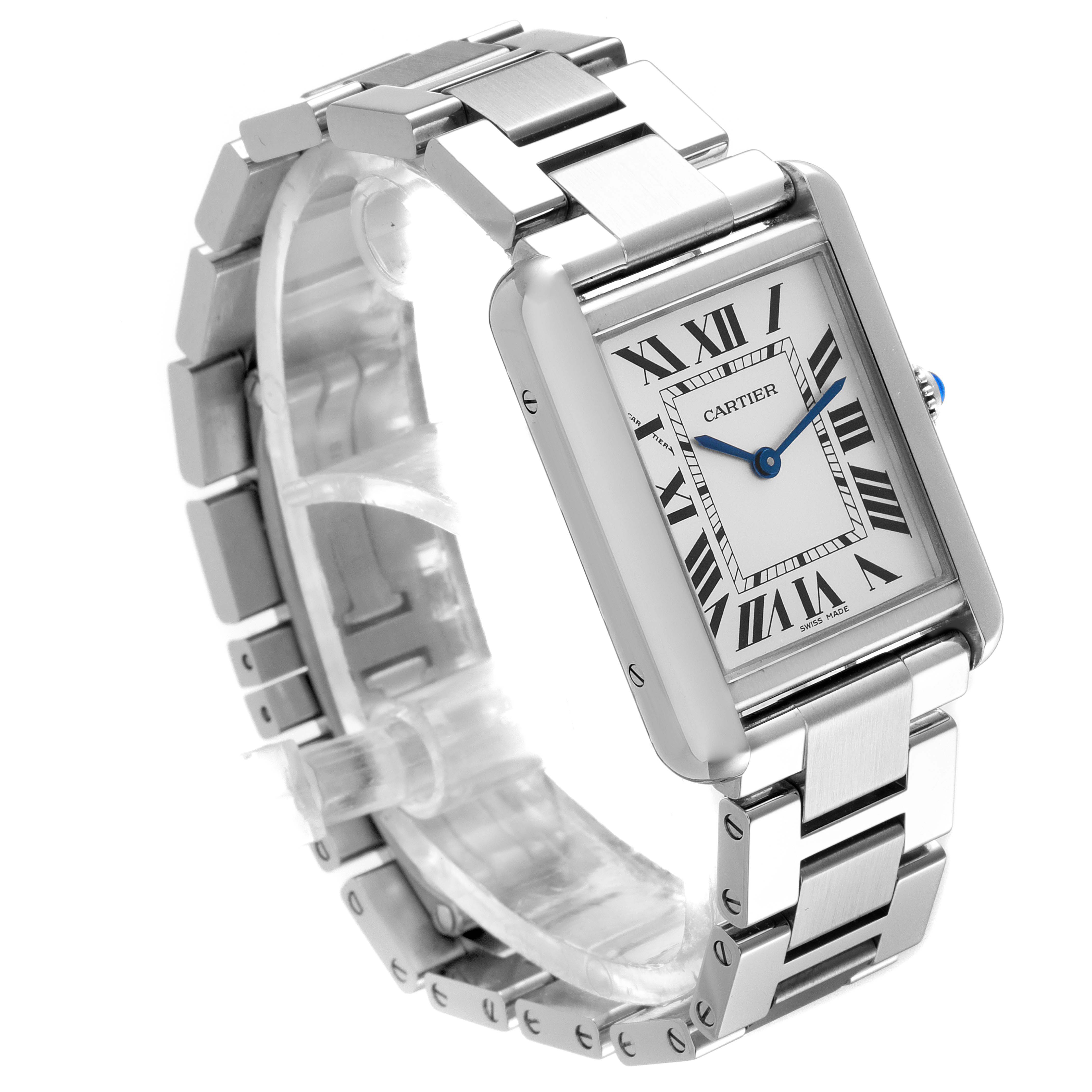 The Cartier Tank Solo W5200013 Women's Stainless Steel Silver Dial W5200013 Women's Stainless Steel Silver Dial watch is shown at a slight angle, showcasing its rectangular face and stainless steel bracelet.
