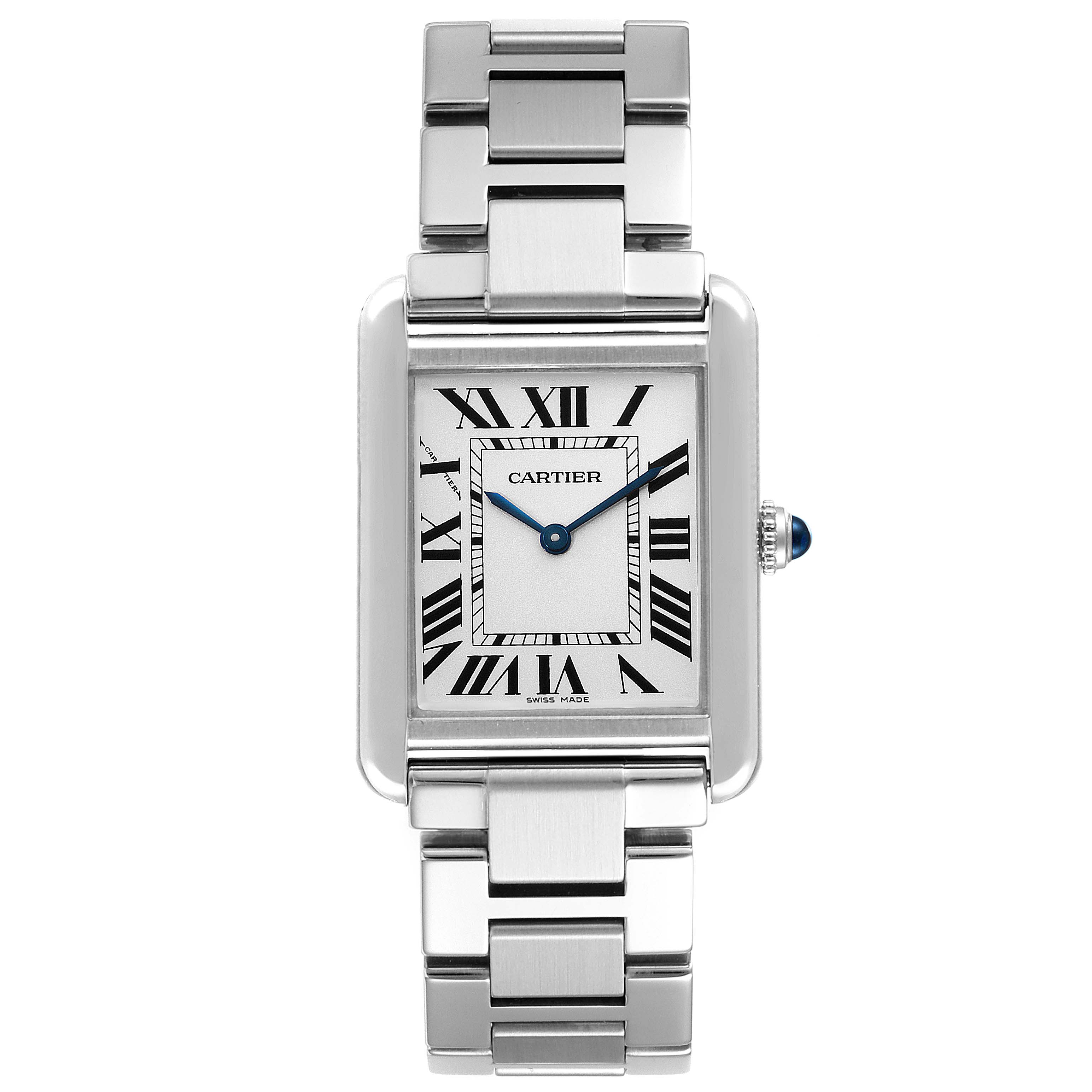 This image shows the front view of a Cartier Tank Solo W5200013 Women's Stainless Steel Silver Dial W5200013 Women's Stainless Steel Silver Dial watch, displaying its face, bezel, and metal bracelet.