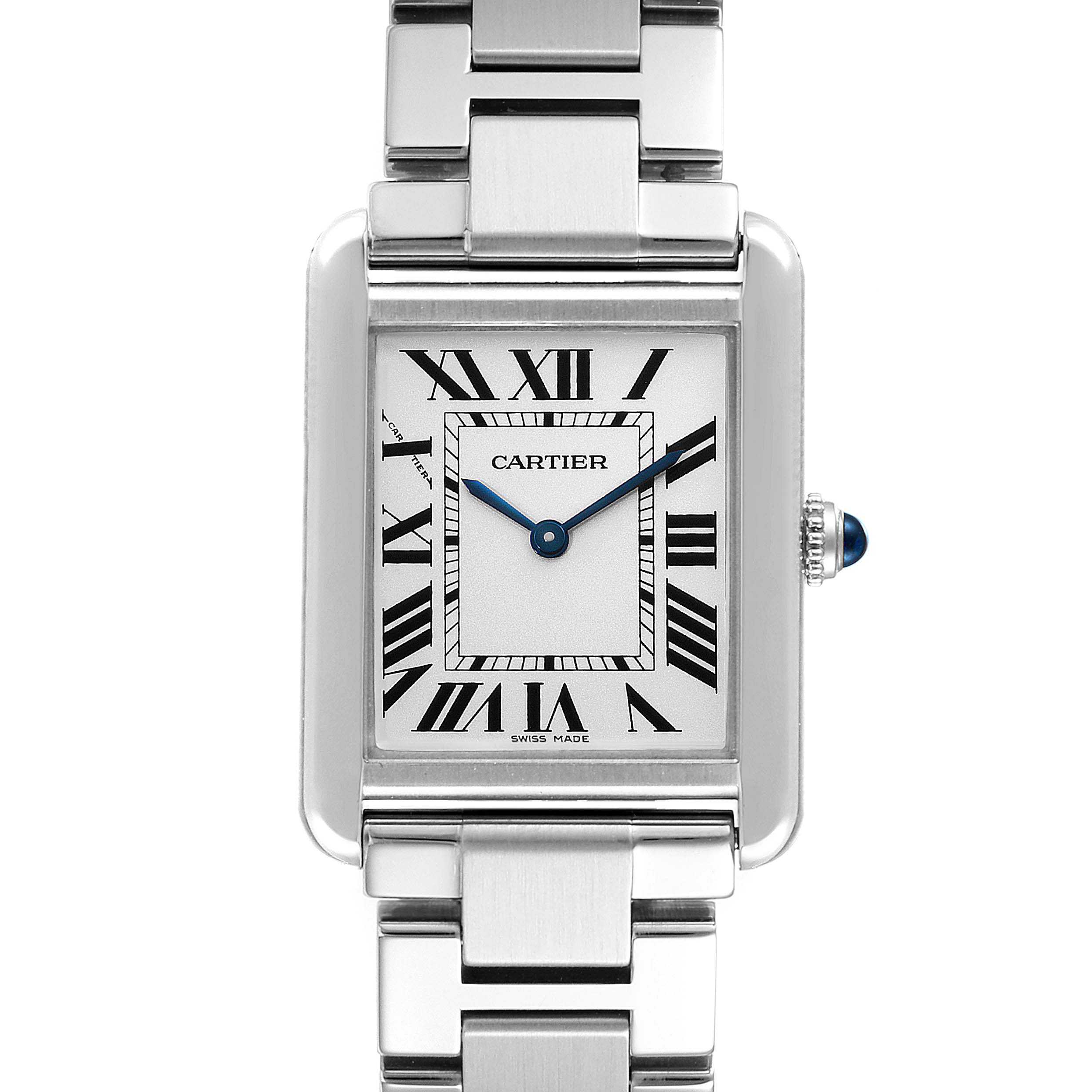 The image shows a front view of the Cartier Tank Solo W5200013 Women's Stainless Steel Silver Dial W5200013 Women's Stainless Steel Silver Dial watch, highlighting its rectangular case, Roman numeral dial, and stainless steel bracelet.