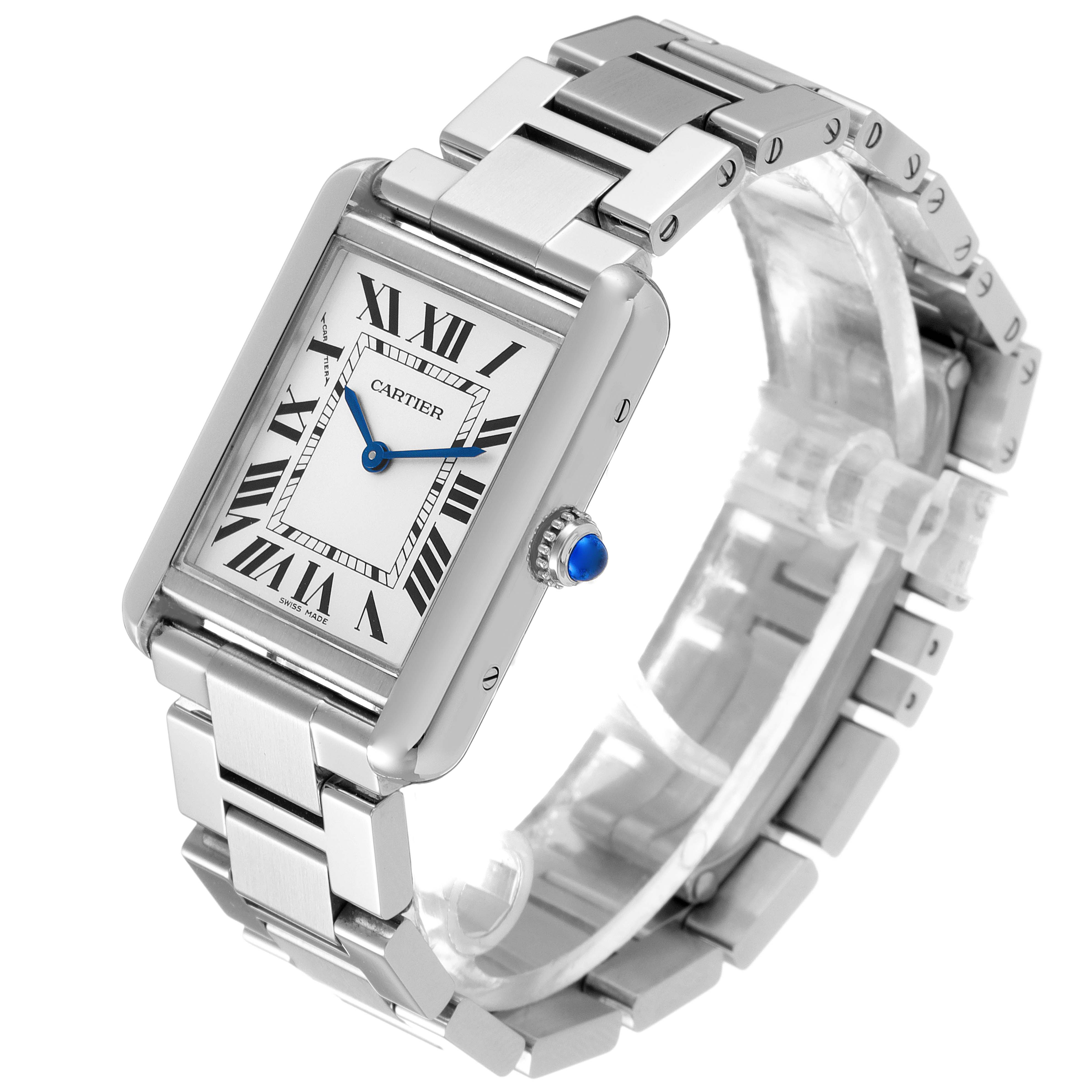 The image shows a Cartier Tank Solo W5200013 Women's Stainless Steel Silver Dial W5200013 Women's Stainless Steel Silver Dial watch from a three-quarter angle, highlighting its face, bracelet, and crown.