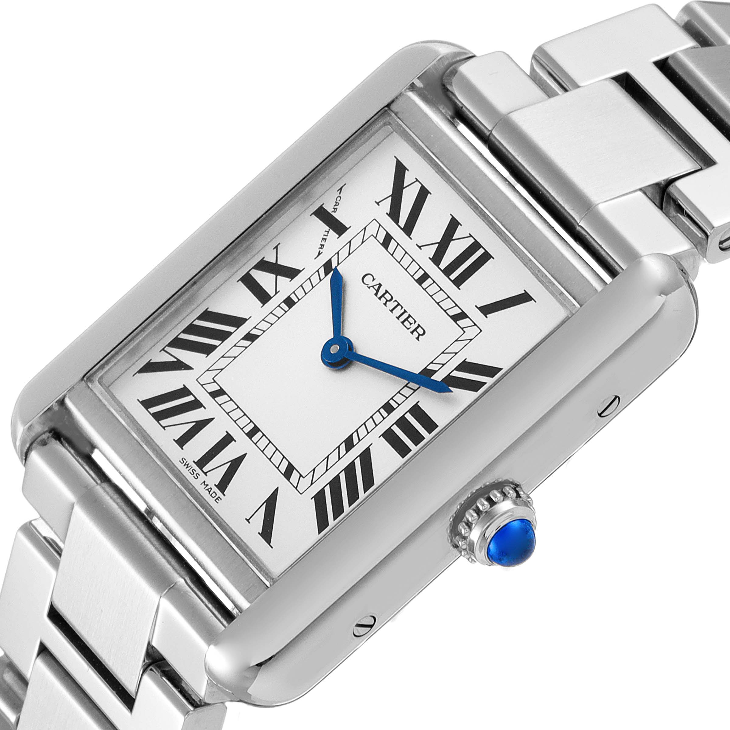The image shows a close-up, angled view of a Cartier Tank Solo W5200013 Women's Stainless Steel Silver Dial W5200013 Women's Stainless Steel Silver Dial watch, highlighting its face, crown, and part of the stainless steel bracelet.