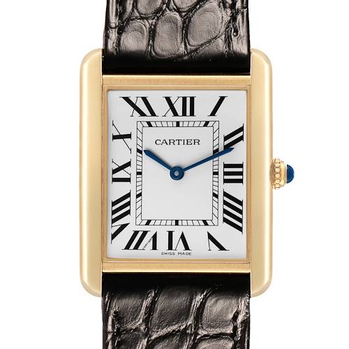 The Cartier Tank Solo W1018855 Men's Yellow Gold Silver Dial watch is shown from the front, displaying its rectangular case, Roman numeral dial, and leather strap.