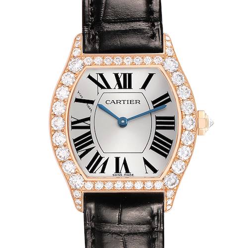 The Cartier Tortue WA507031 Women's Rose Gold Silver Dial watch is shown from the front, highlighting its diamond bezel, Roman numerals, and black leather strap.
