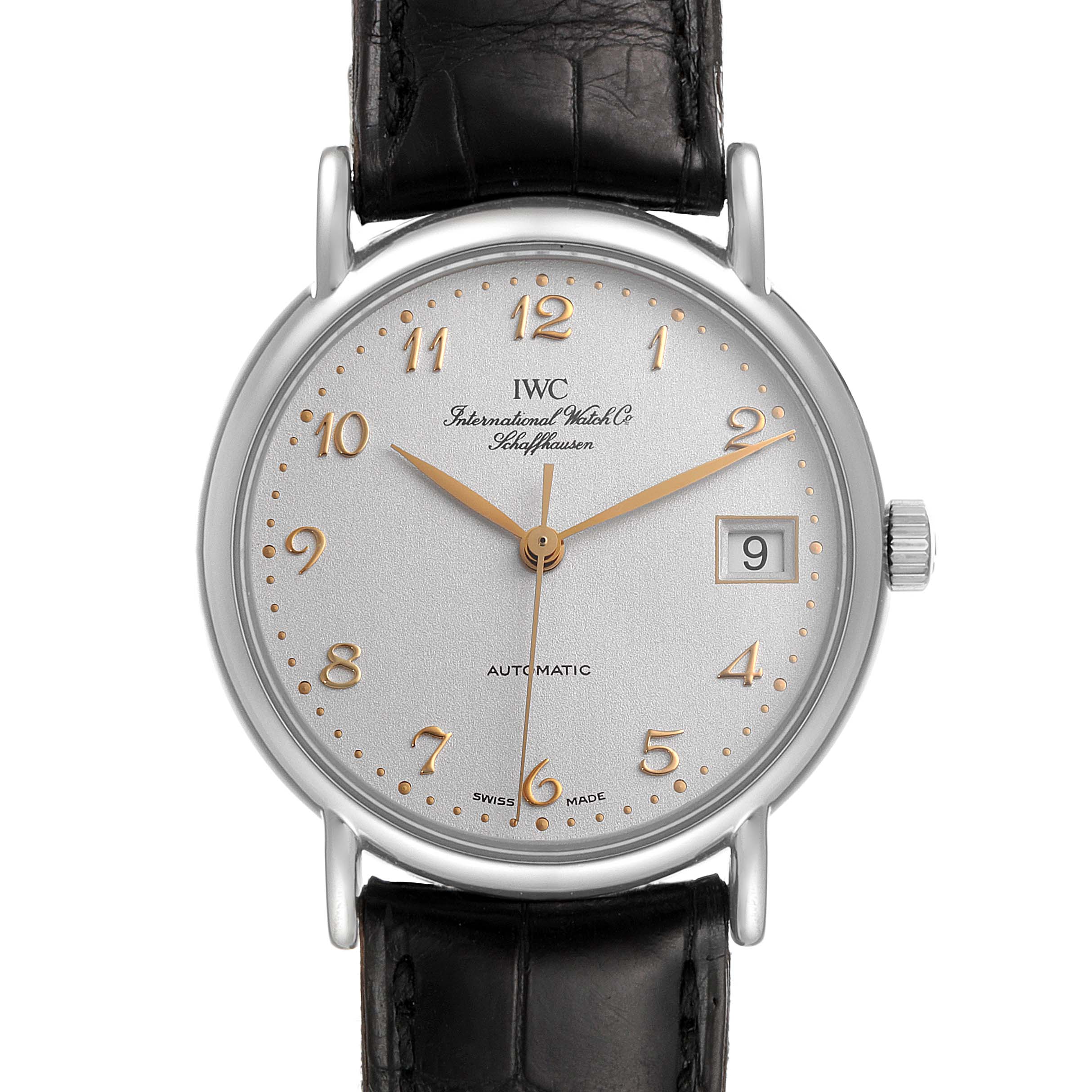 The image shows a front view of the IWC Portofino IW351323 Men's Stainless Steel Silver Dial IW351323 Men's Stainless Steel Silver Dial watch, highlighting its dial, hands, date window, and leather strap.