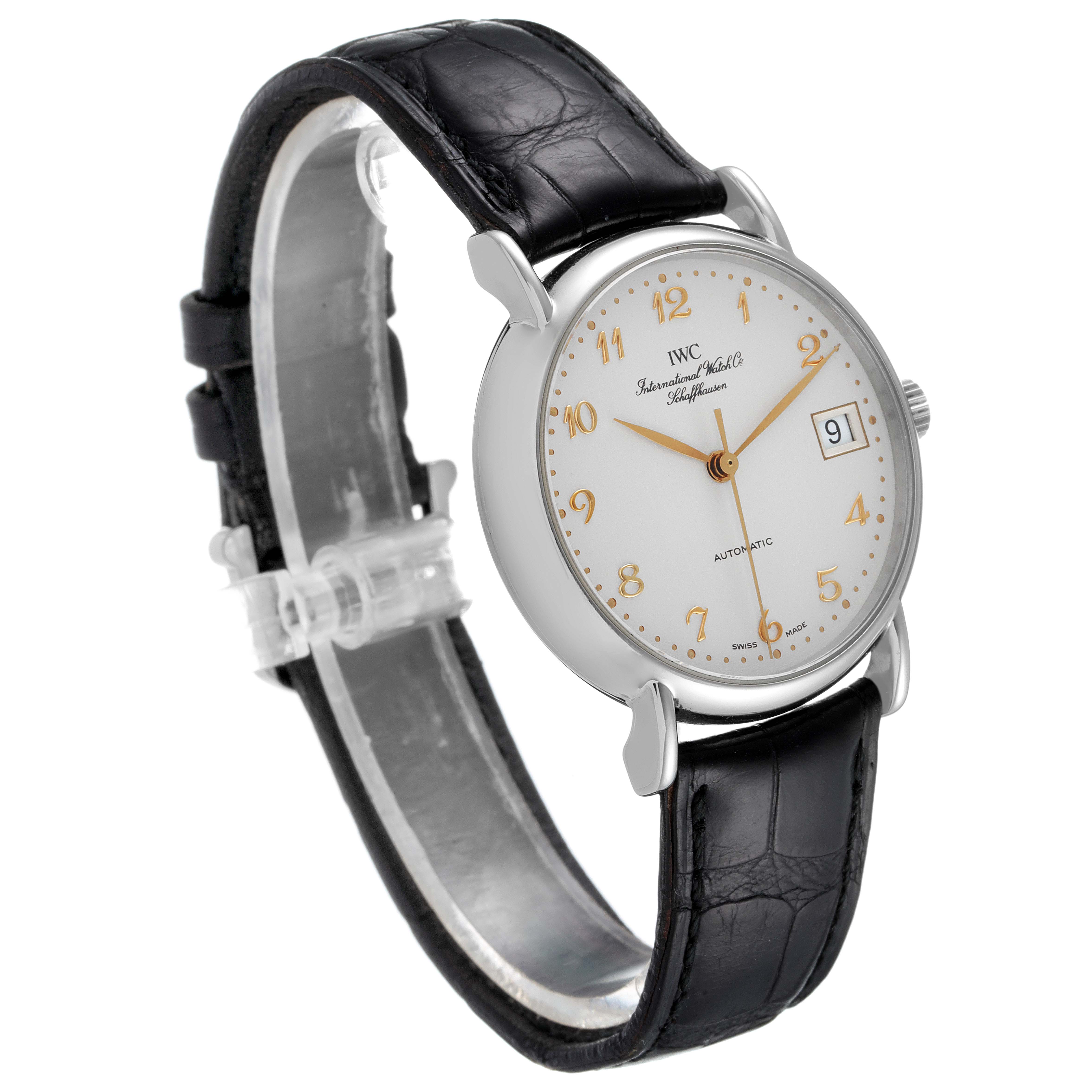 The image showcases the IWC Portofino IW351323 Men's Stainless Steel Silver Dial IW351323 Men's Stainless Steel Silver Dial watch at a slight angle, highlighting the dial, case, crown, and leather strap.