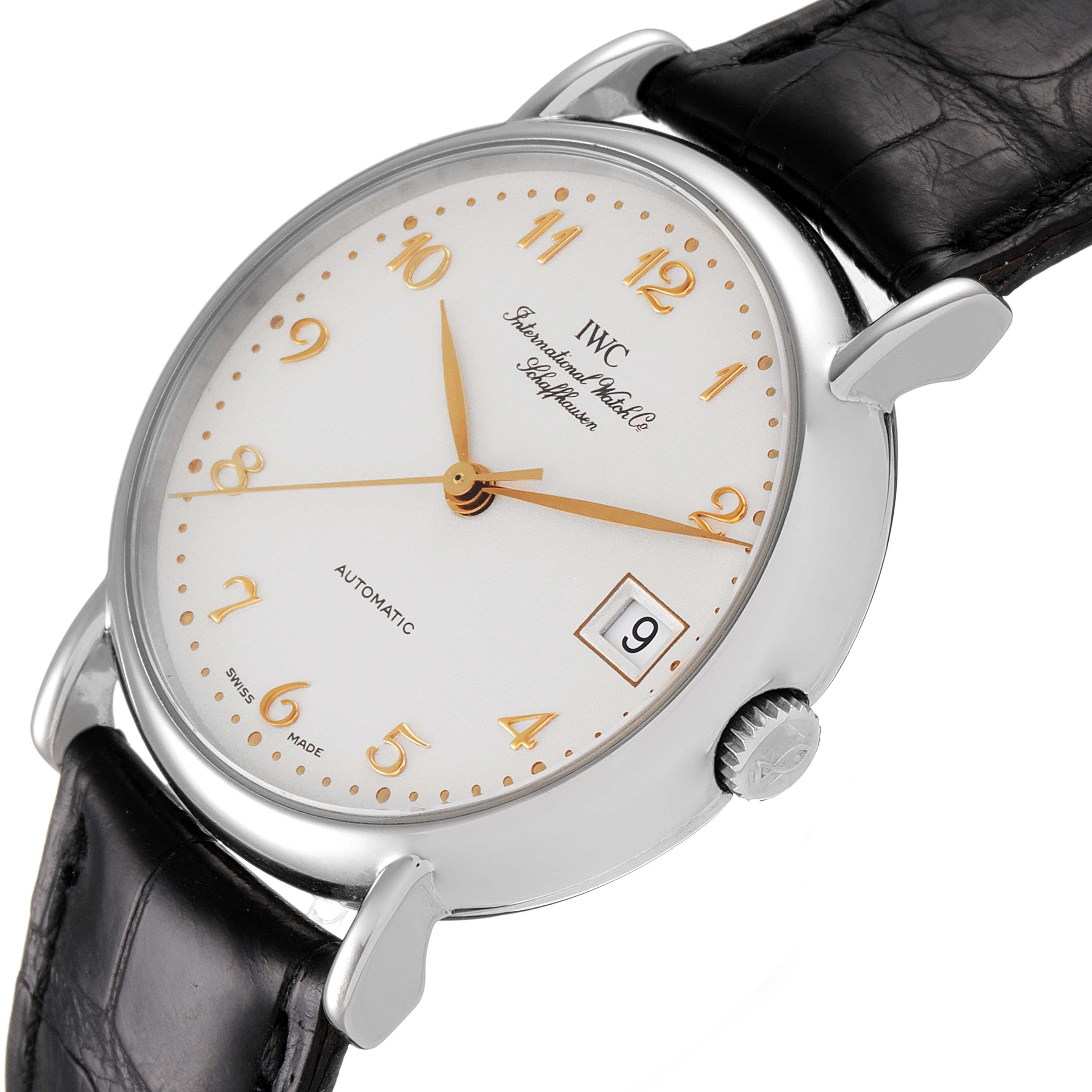 This image shows an angle of the IWC Portofino IW351323 Men's Stainless Steel Silver Dial IW351323 Men's Stainless Steel Silver Dial watch displaying its face, bezel, lugs, crown, and part of the leather strap.