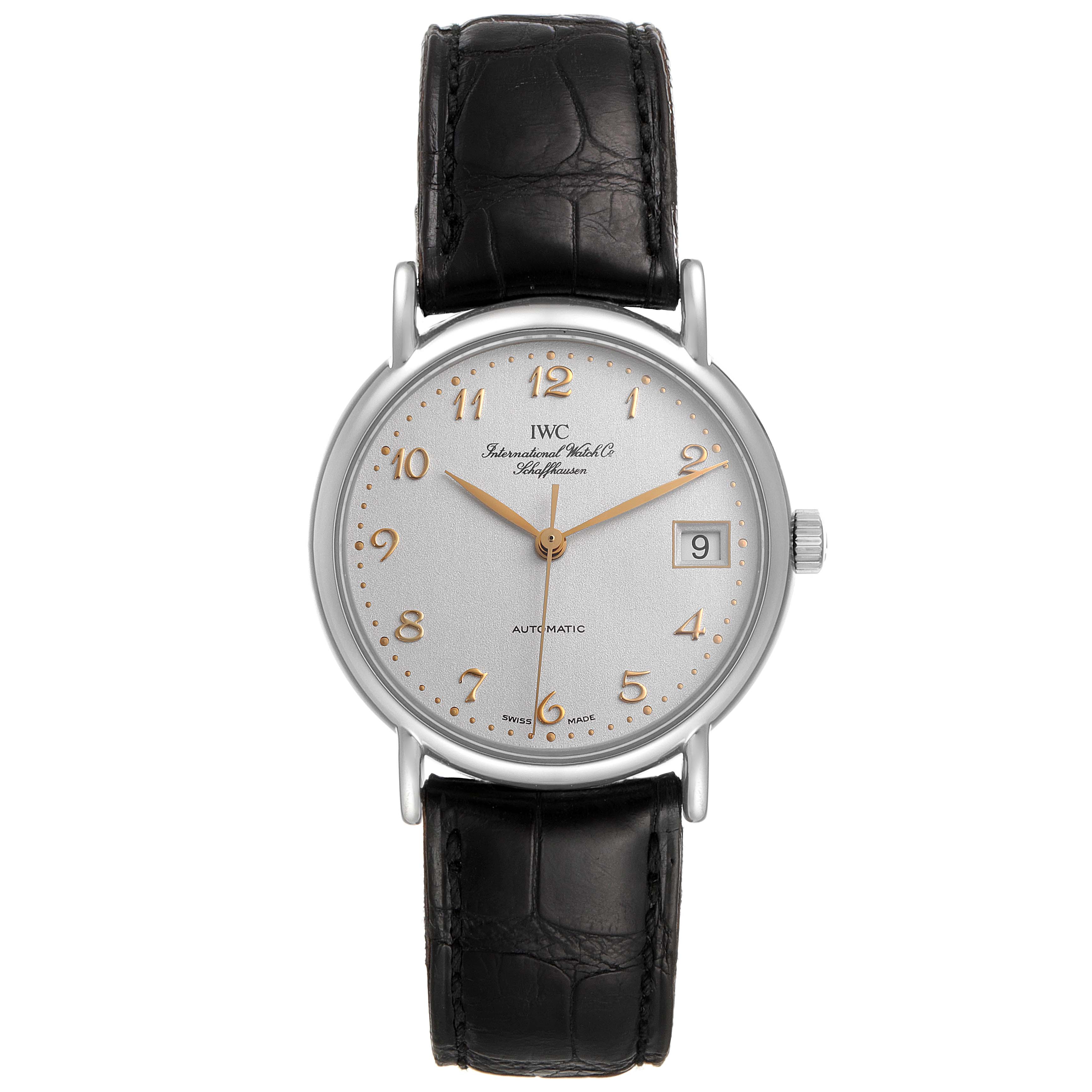 This image shows a front-facing view of the IWC Portofino IW351323 Men's Stainless Steel Silver Dial IW351323 Men's Stainless Steel Silver Dial watch, displaying the dial, hands, case, and leather strap.