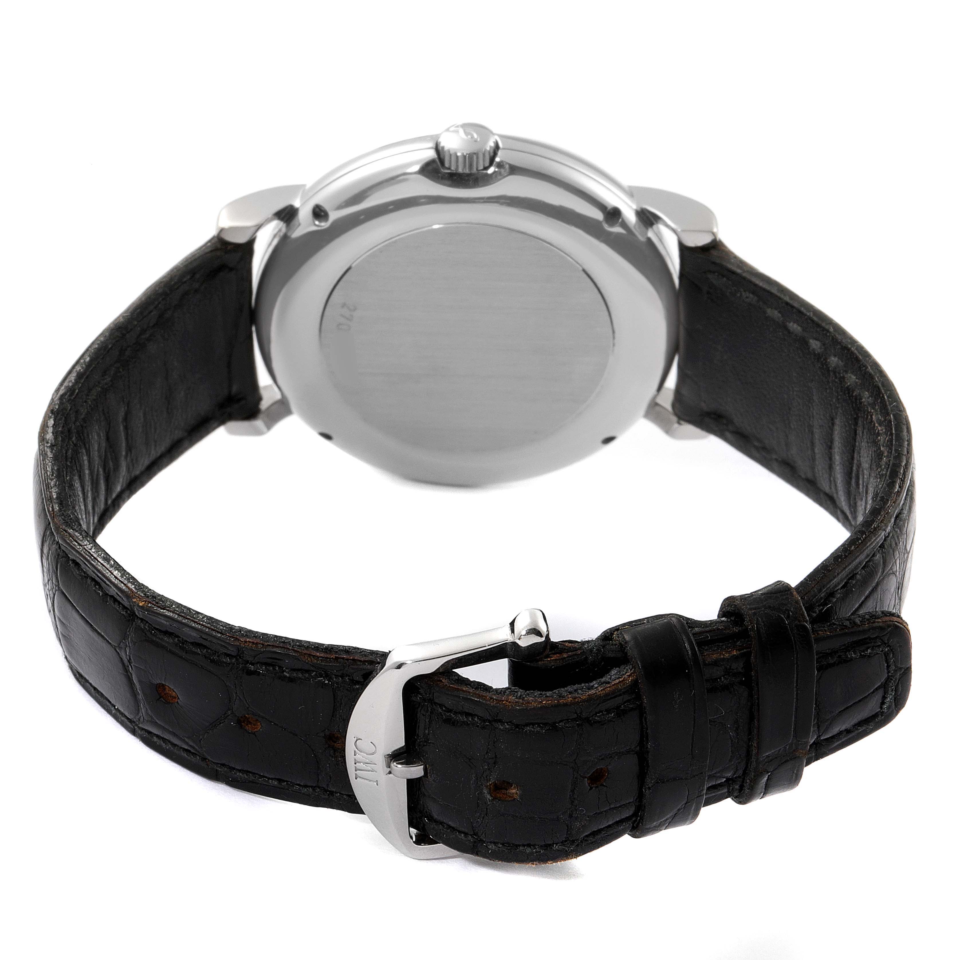 The image shows the back of an IWC Portofino IW351323 Men's Stainless Steel Silver Dial IW351323 Men's Stainless Steel Silver Dial watch, highlighting its closed case back and black leather strap with a buckle.