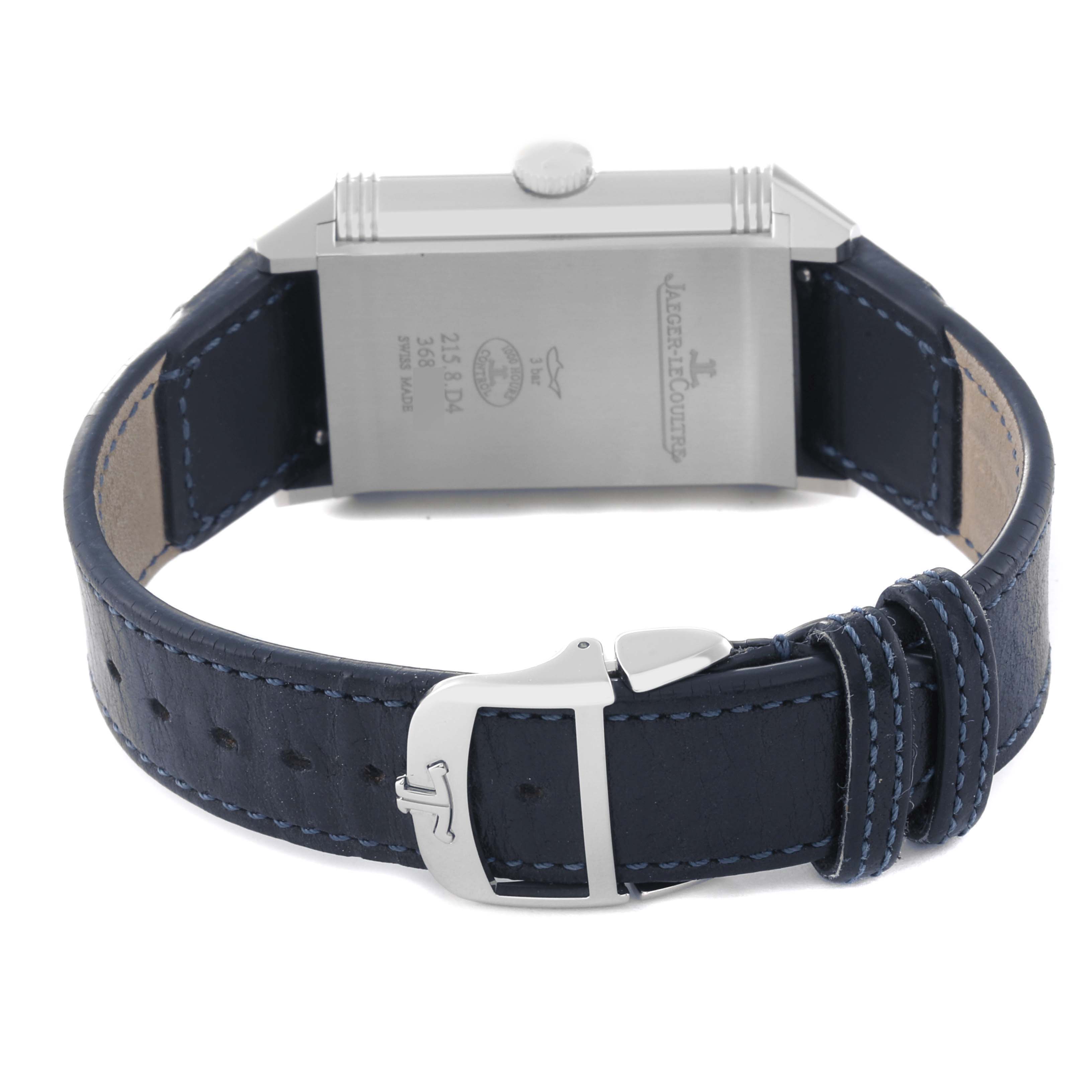 The image shows the back case and leather strap of the Jaeger LeCoultre Reverso Q3988482 Men's Stainless Steel Blue Dial Q3988482 Men's Stainless Steel Blue Dial watch.