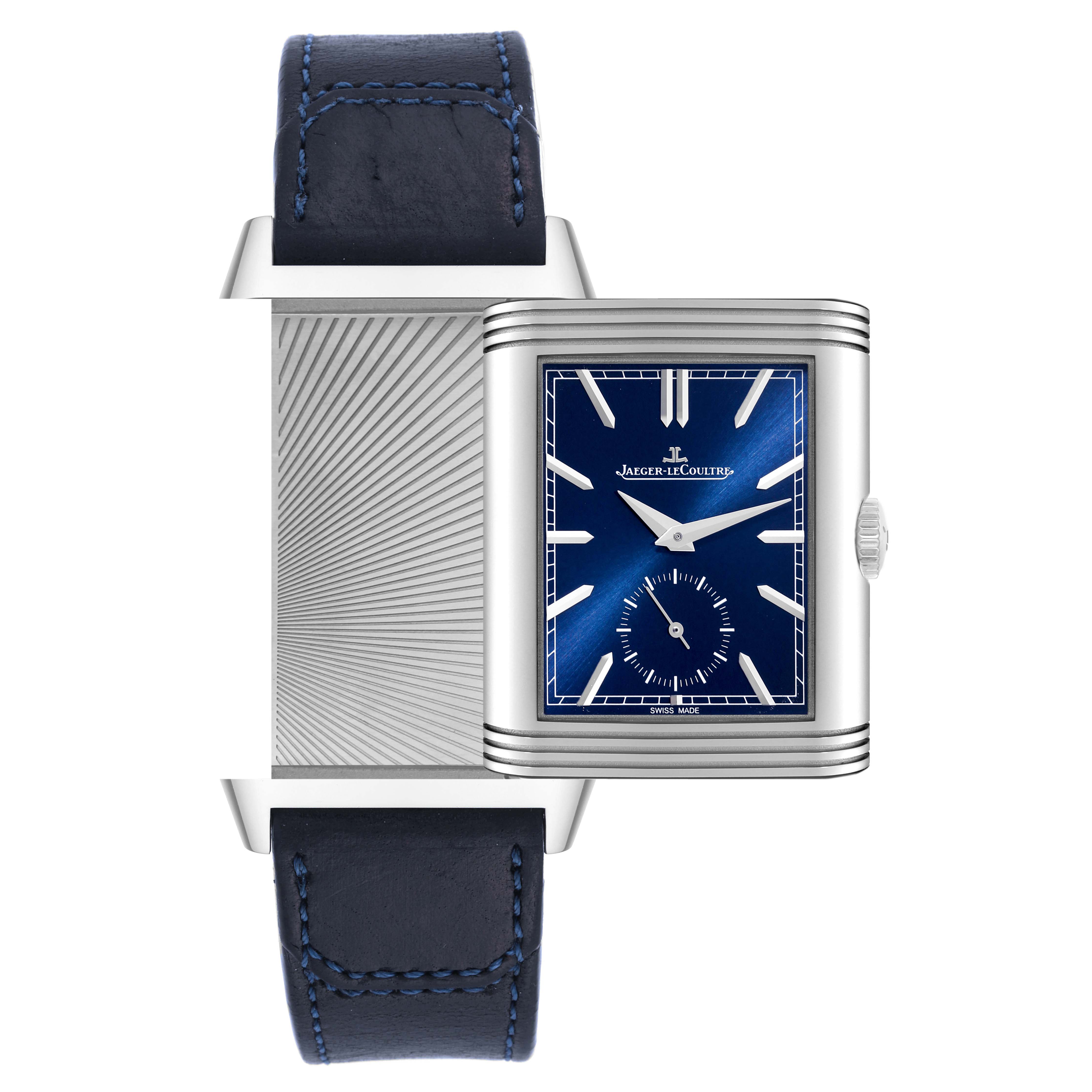 The image shows the front face and reverse side of a Jaeger-LeCoultre Reverso watch with a blue leather strap.