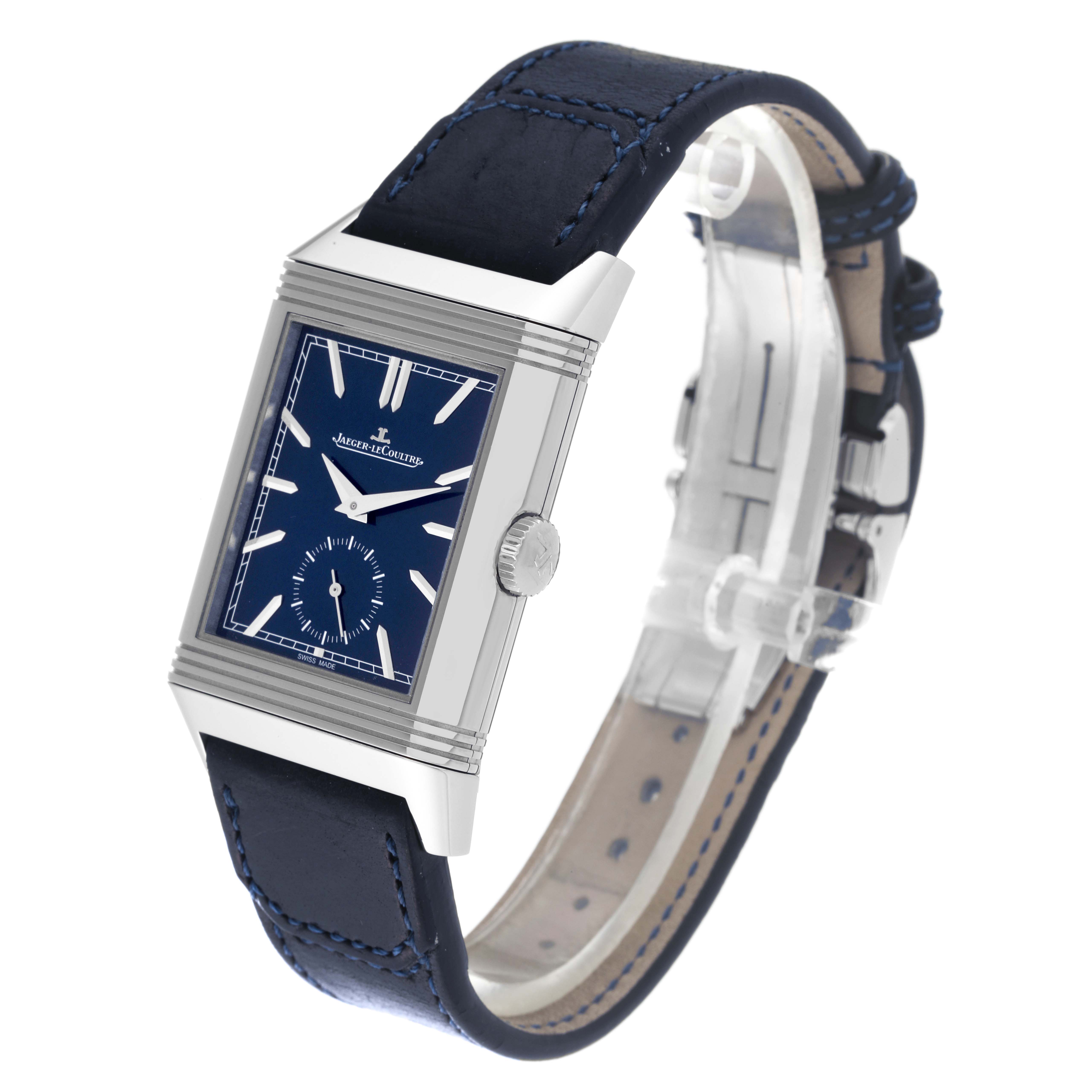 This image shows a Jaeger LeCoultre Reverso Q3988482 Men's Stainless Steel Blue Dial Q3988482 Men's Stainless Steel Blue Dial watch at a three-quarter angle, highlighting its face, crown, and strap.